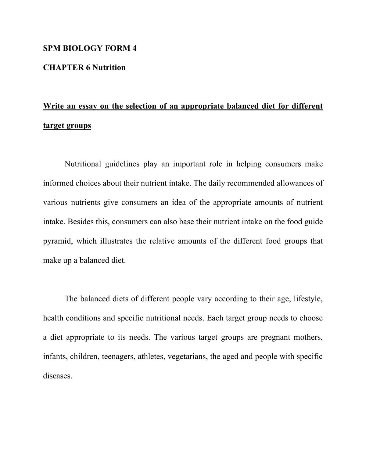 The selection of an appropriate balanced diet for different target groups - Page 1