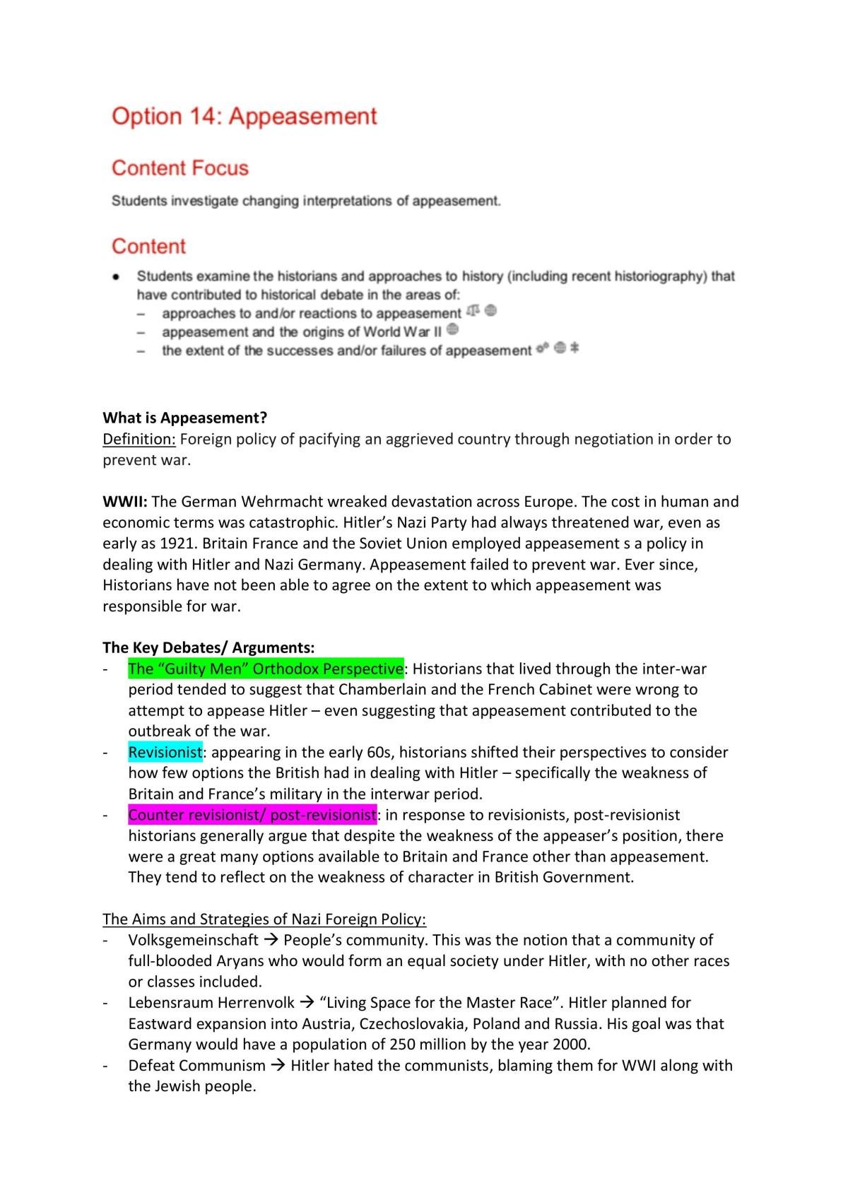 History Extension Complete Study Notes for Appeasement  - Page 1