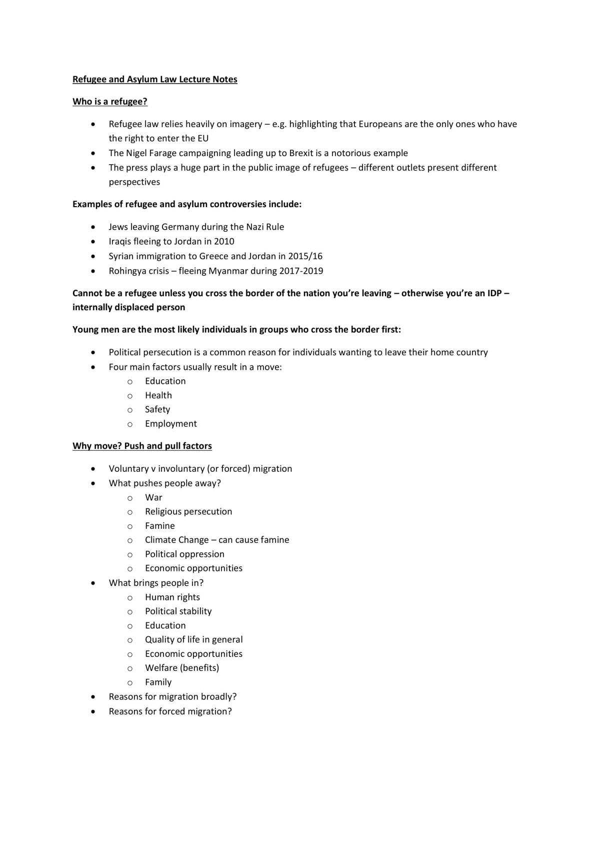 Refugee and Asylum Law Lecture Notes - Page 1