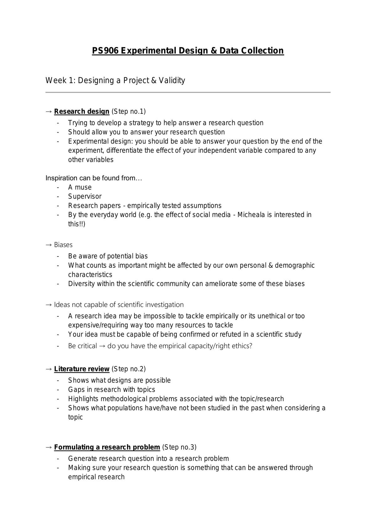 PS906 Experimental Design & Data Collection Full Module Notes - Page 1