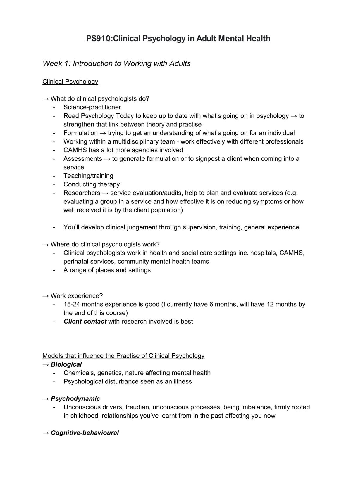 PS910 Clinical Psychology in Adult Mental Health Full Module Notes - Page 1