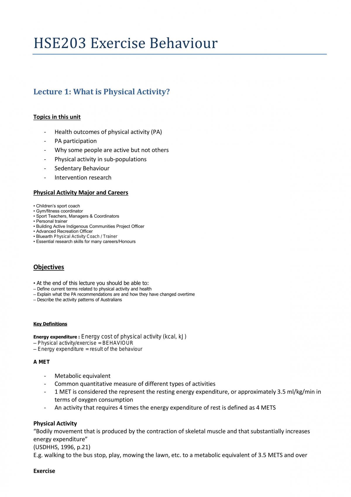 Exercise Behaviour Complete Study Notes - Page 1