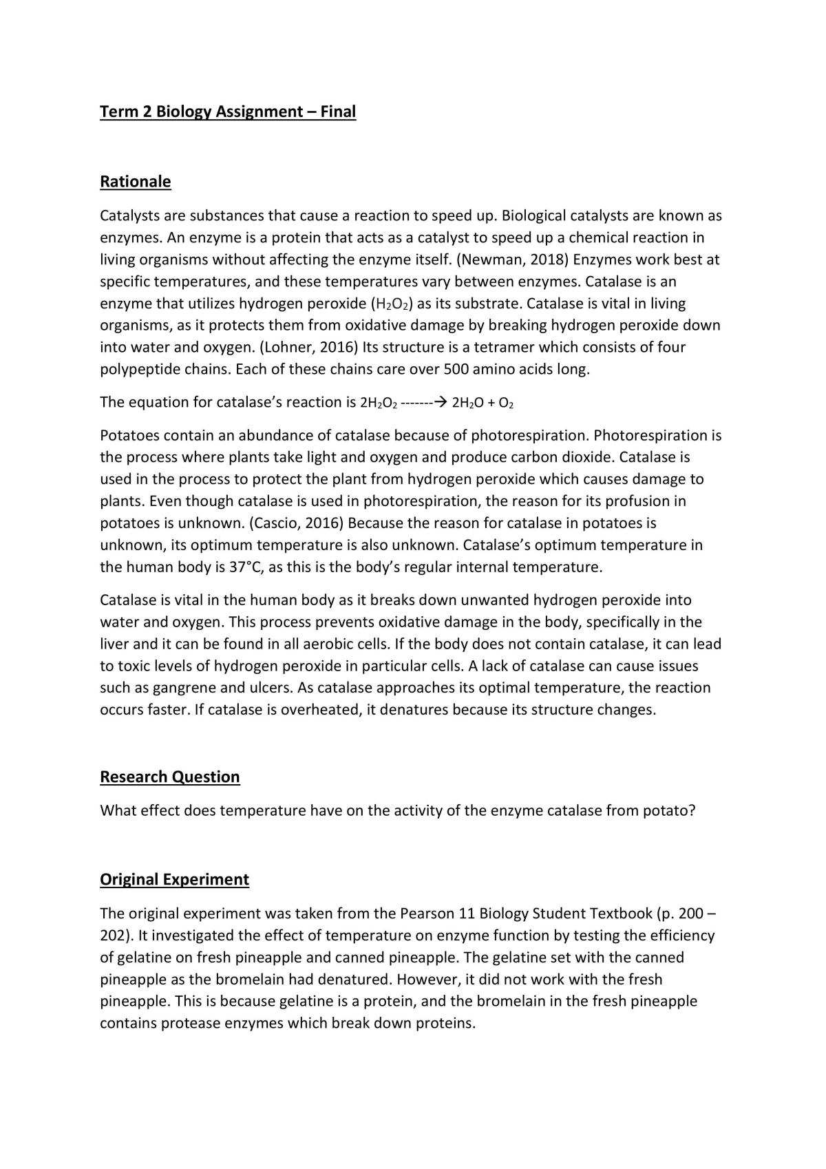 Effect of Temperature on the enzyme catalase  - Page 1