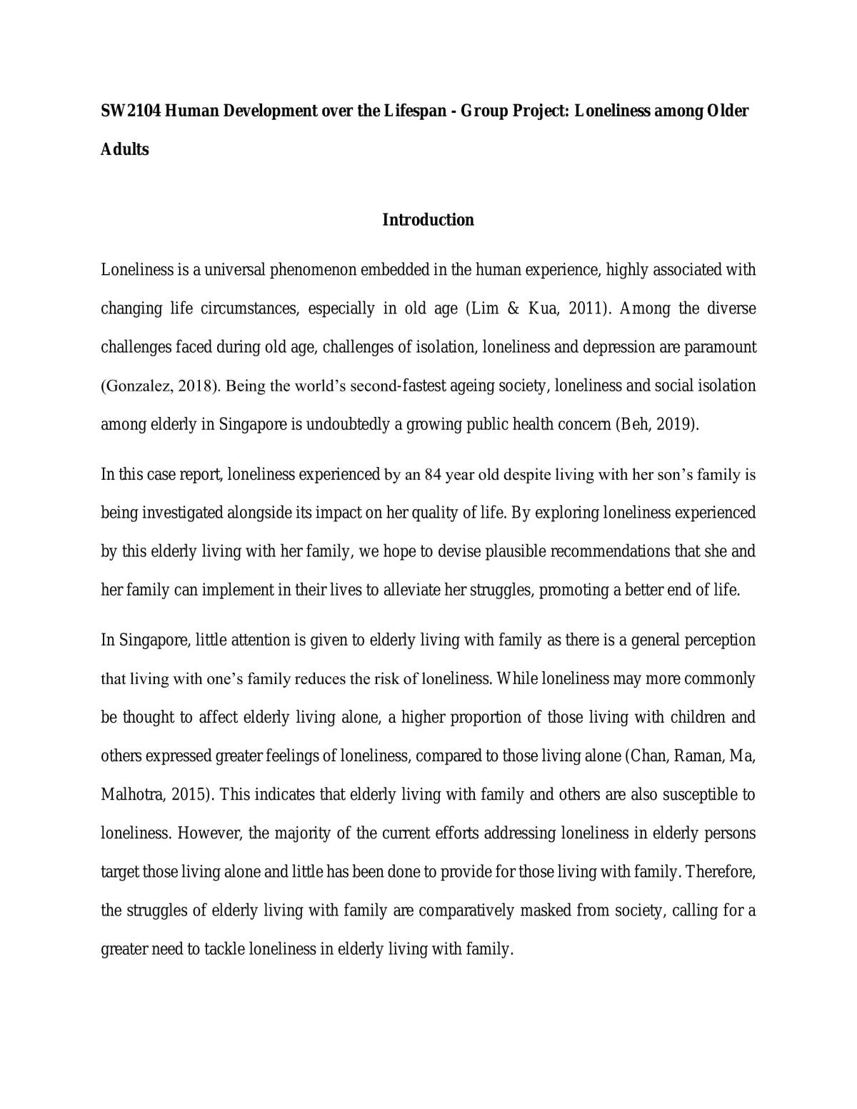 SW2104 Human Development over the Lifespan - Group Project: Loneliness among Older Adults - Page 1