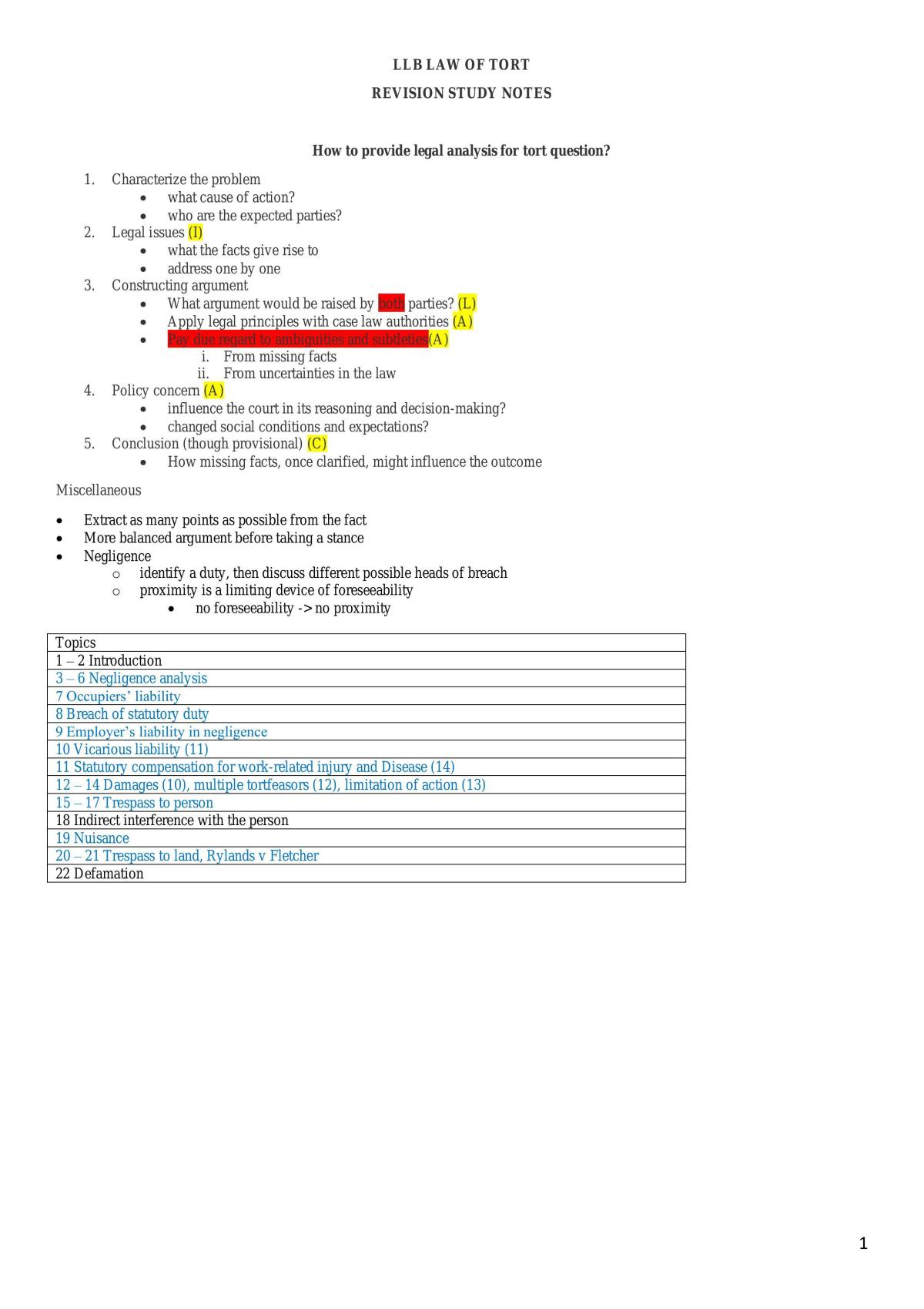 Law of Tort Revision Study Notes - Page 1