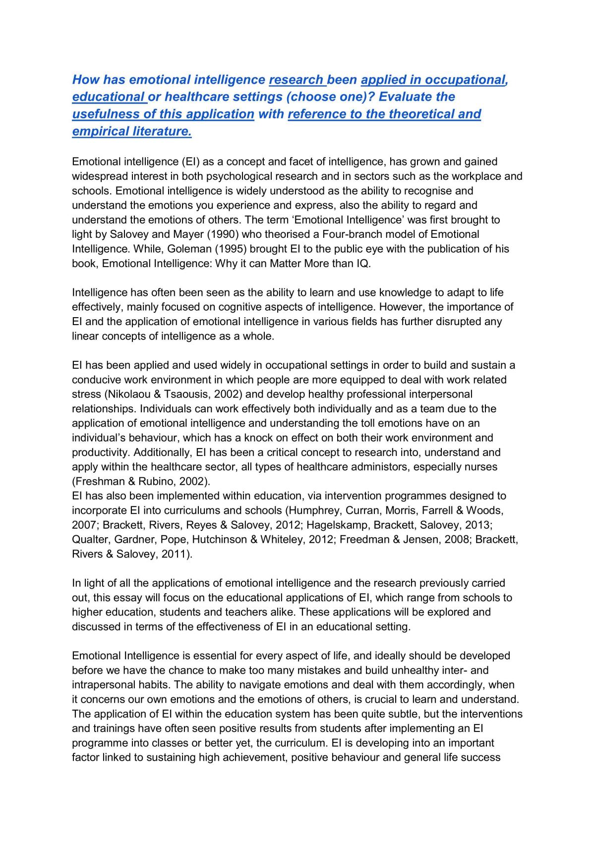 How has emotional intelligence research been applied in occupational educational or healthcare settings - Page 1