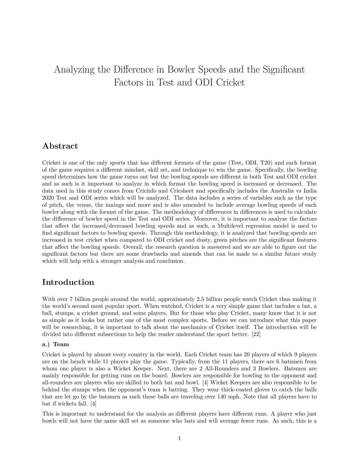 Analyzing the Difference in Bowler Speeds and the Significant Factors in Test and ODI Cricket - Page 1