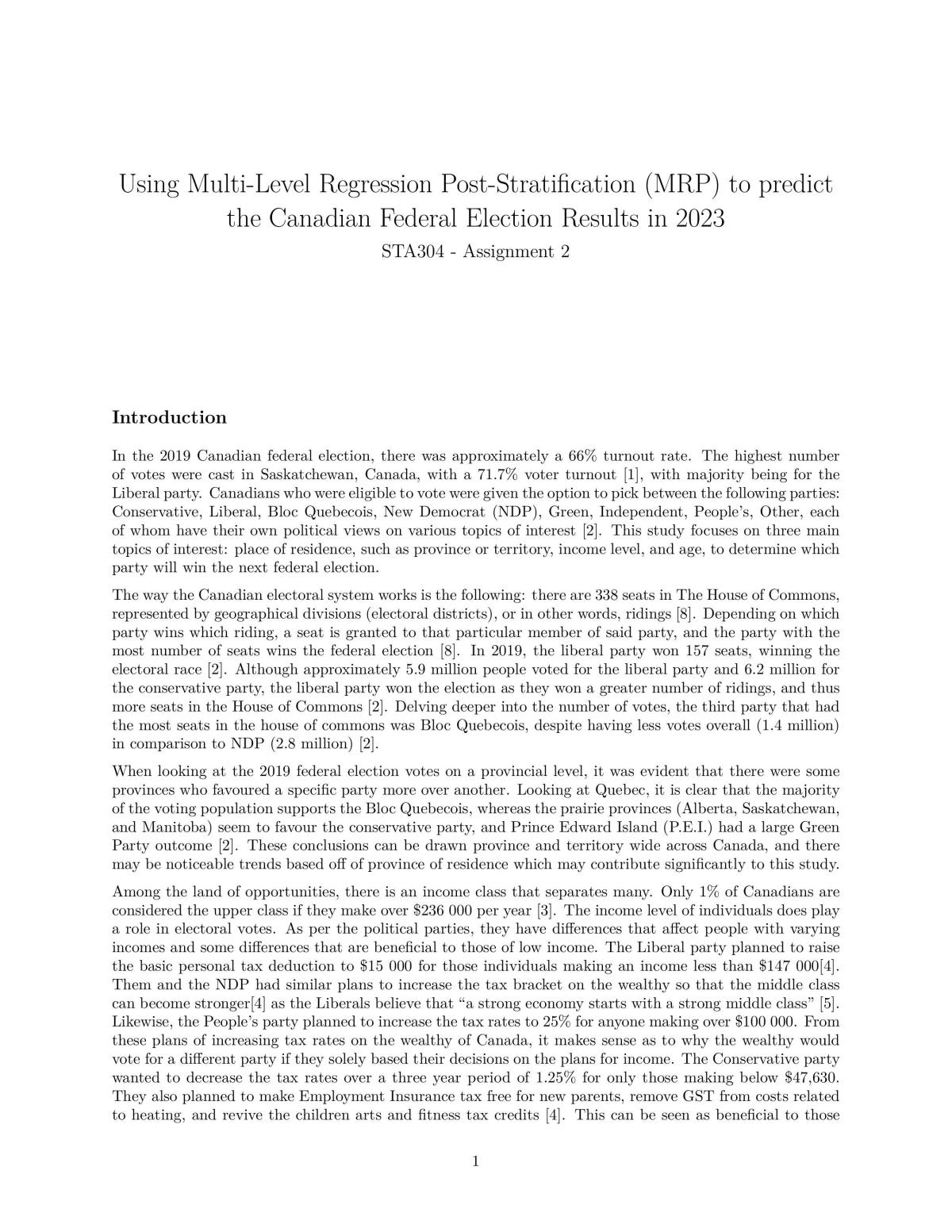 Using Multi-Level Regression Post-Stratification (MRP) to predict the Canadian Federal Election Results - Page 1