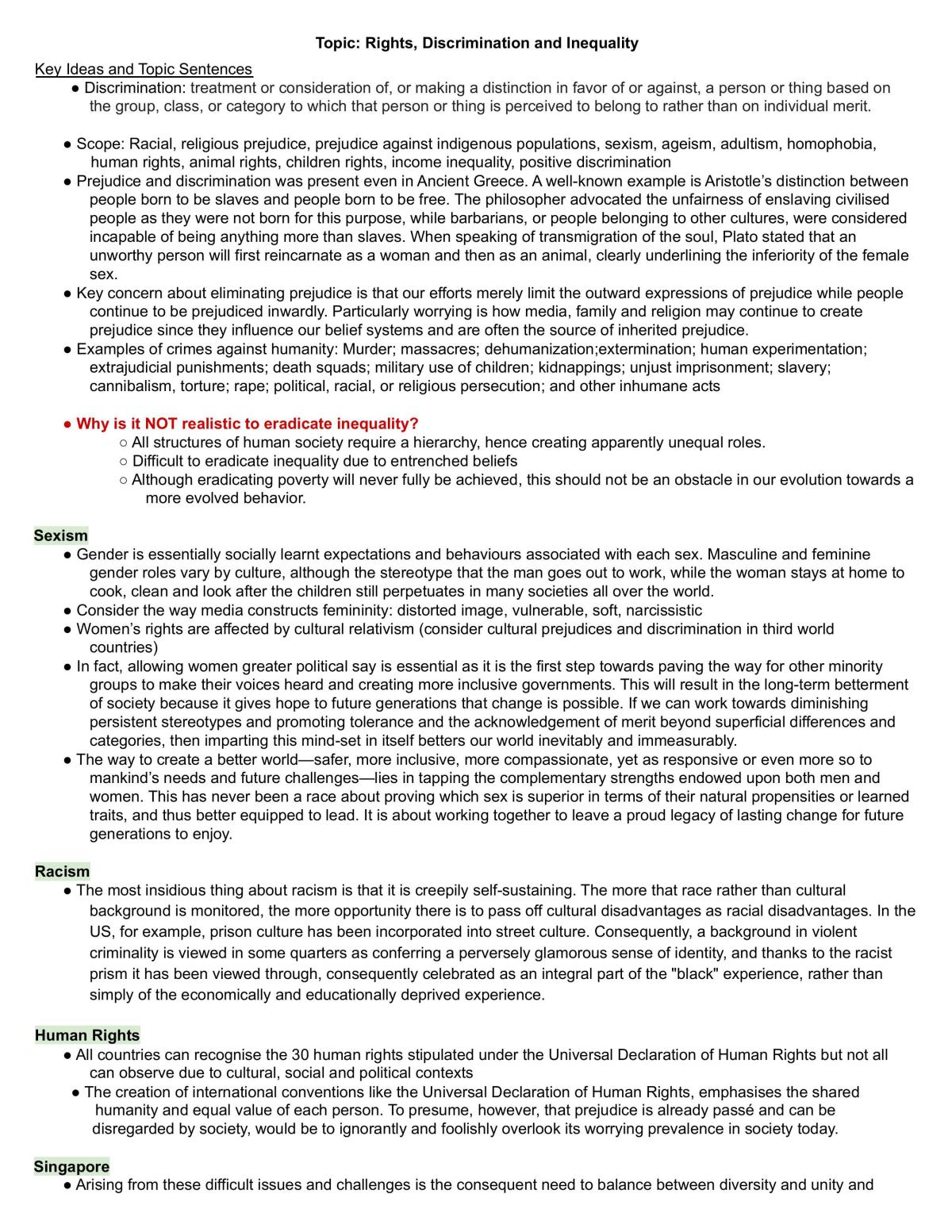 Comprehensive notes on Rights, Discrimination & Inequality - Page 1