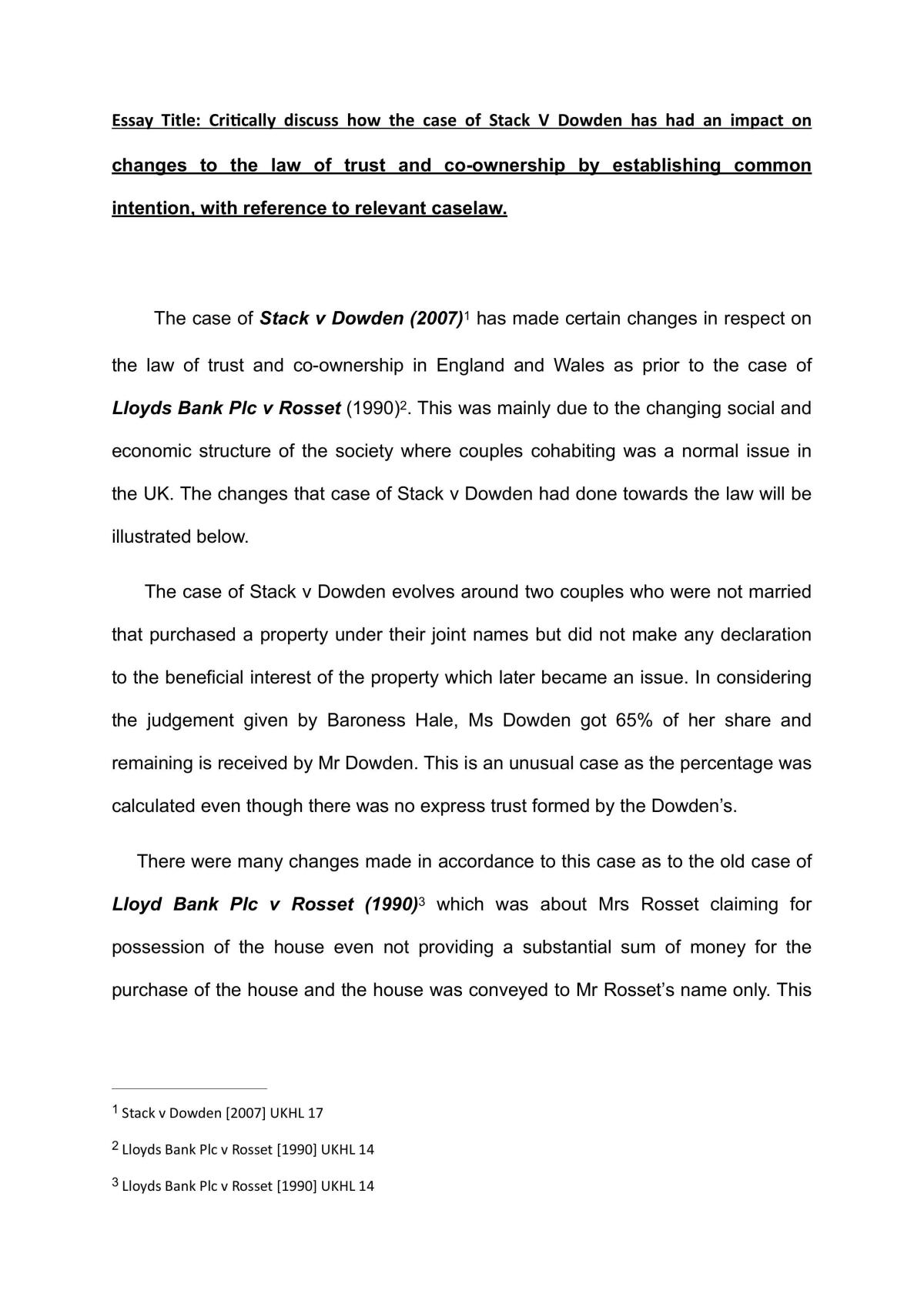 Equity & Trusts Essay - Stack v Dowden  - Page 1