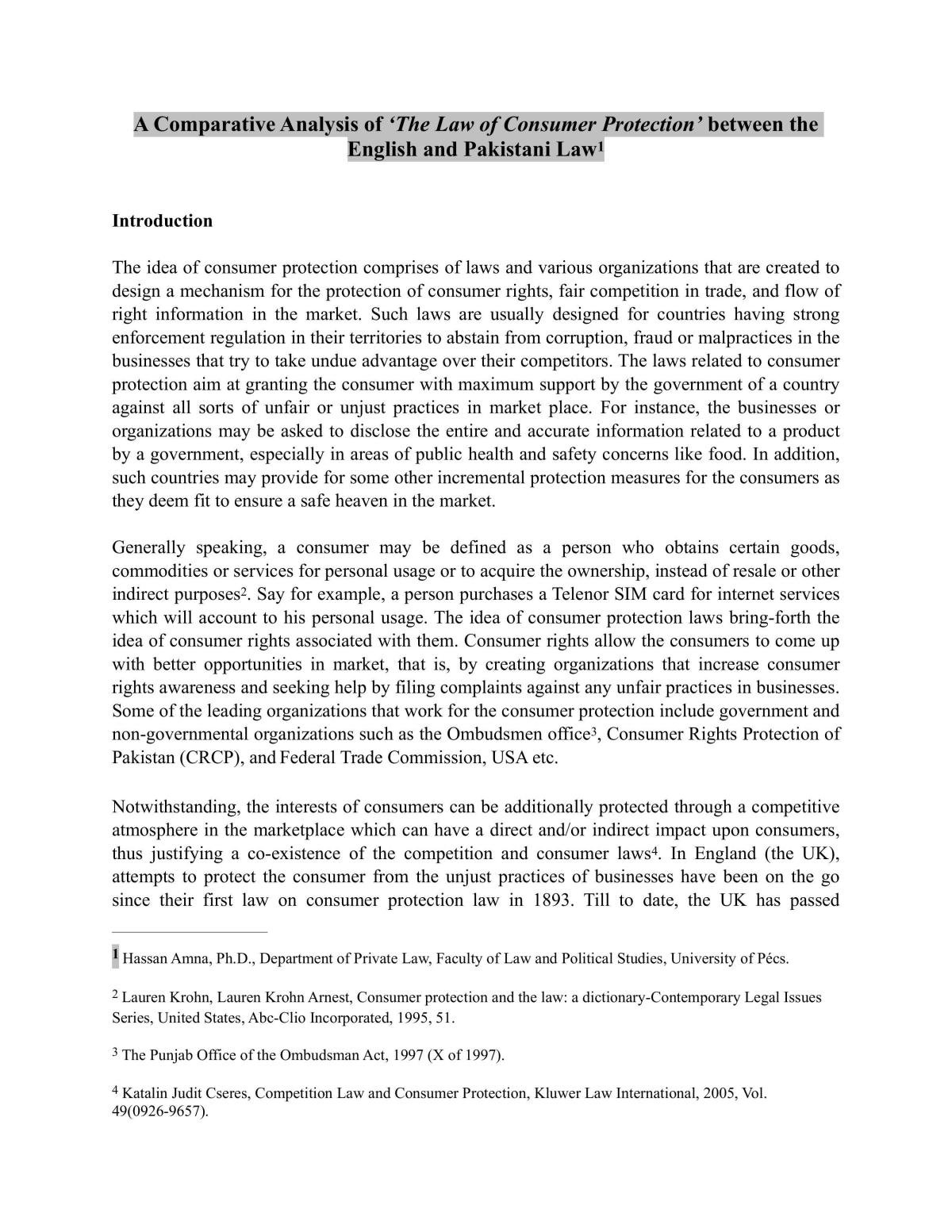 A Comparative Analysis of ‘The Law of Consumer Protection’ between the  English and Pakistani Law - Page 1
