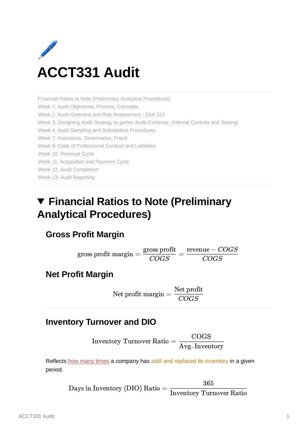 ACCT331 Audit Study Notes - Page 1