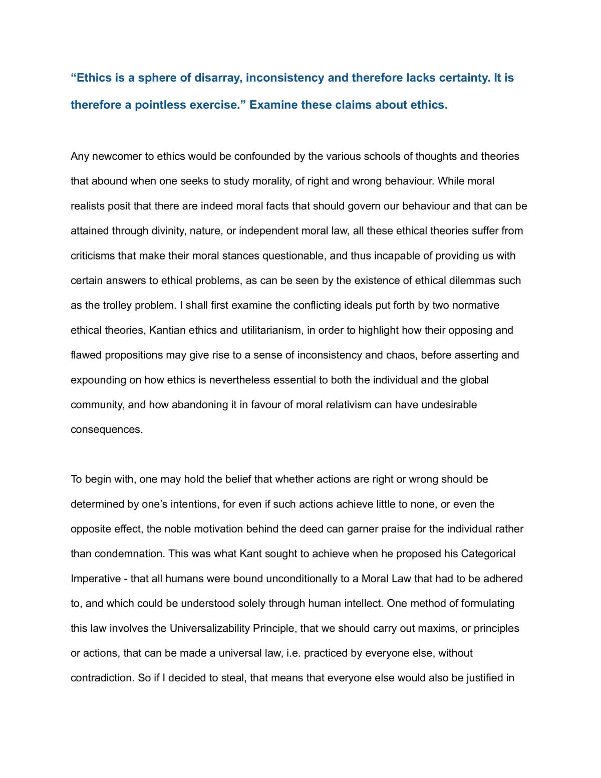 Knowledge and Inquiry Essay - Ethics - Page 1