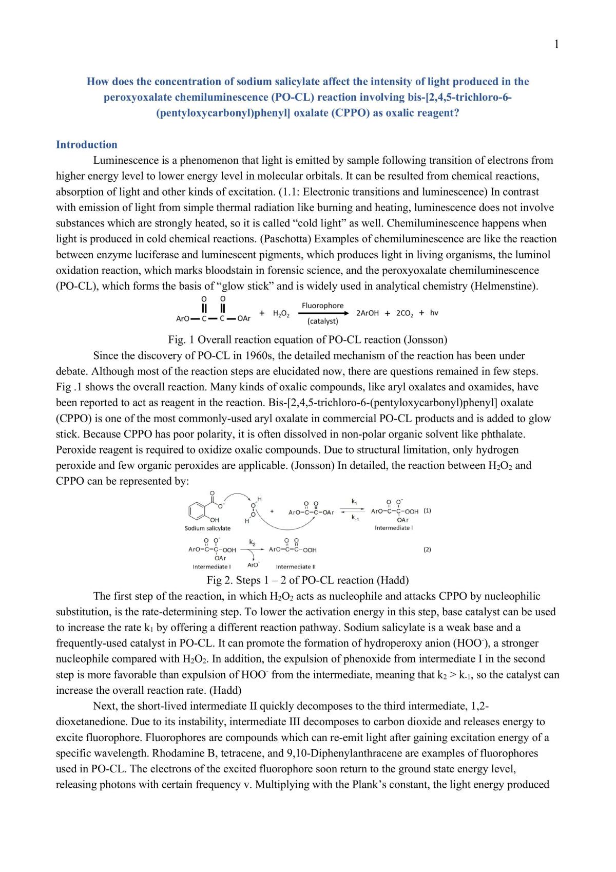How does the concentration of sodium salicylate affect the intensity of light produced in the peroxyoxalate chemiluminescence (PO-CL) reaction involving bis-[2,4,5-trichloro-6- (pentyloxycarbonyl)phen - Page 1