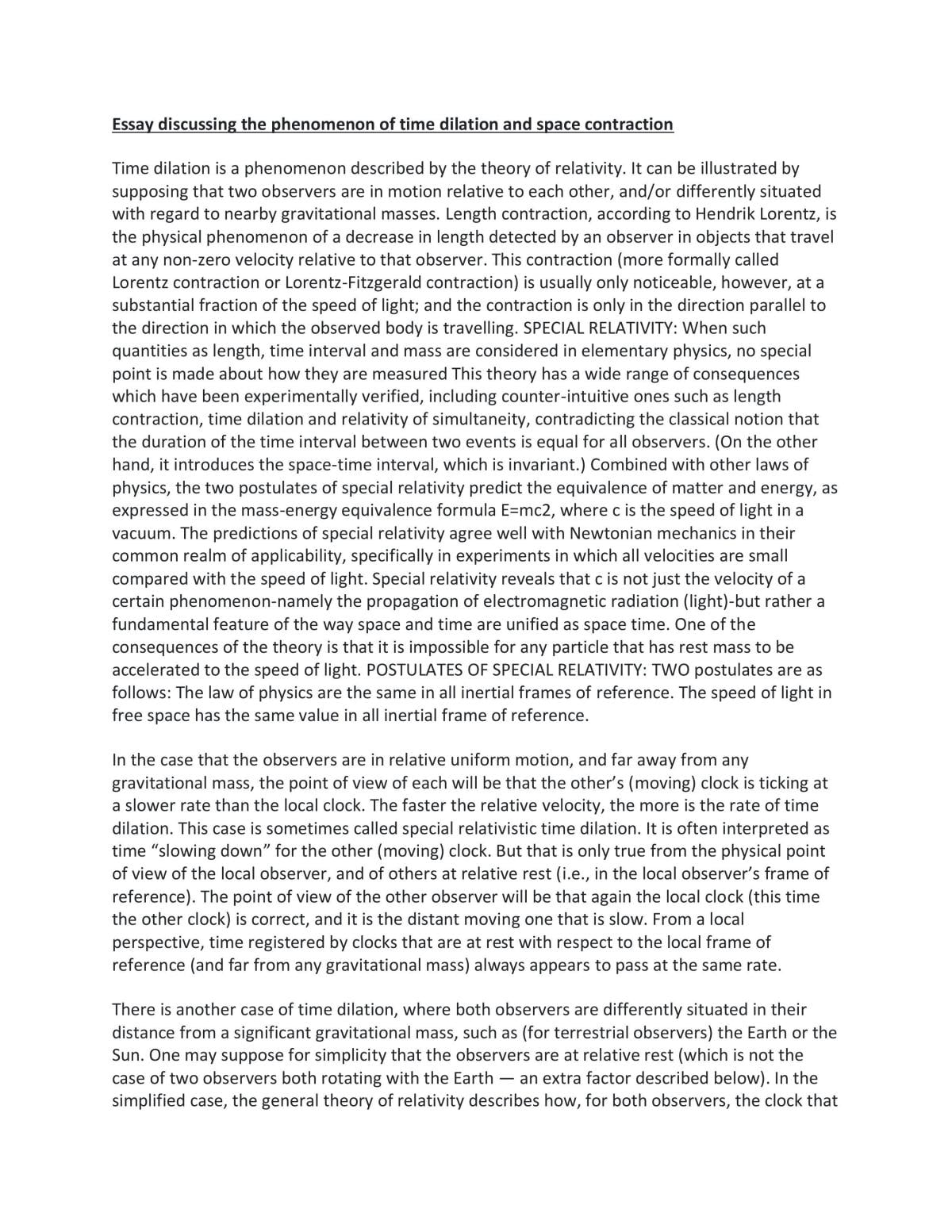 Essay discussing the phenomenon of time dilation and space contraction - Page 1