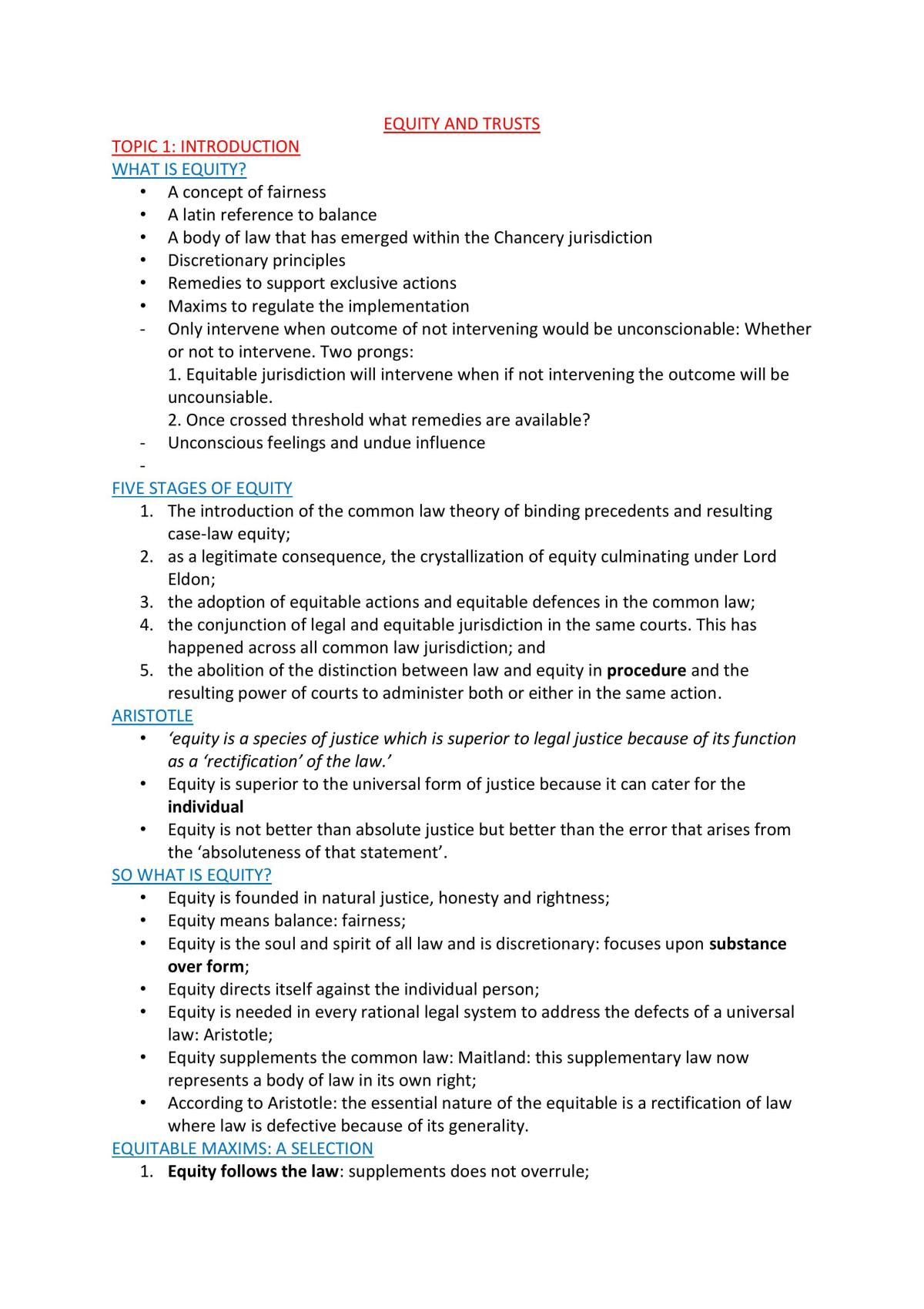 Equity and Trusts - Exam notes full - Page 1