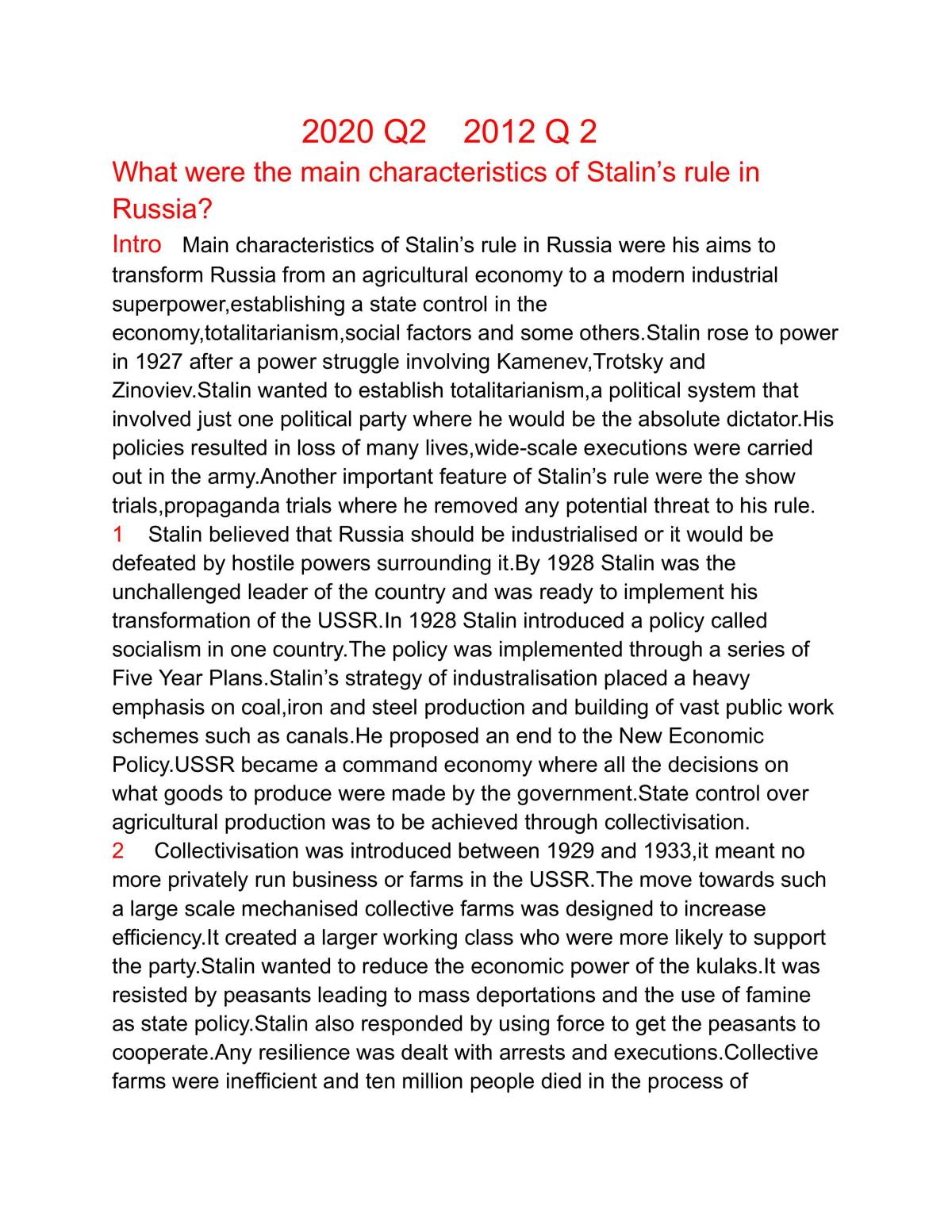 What were the main characteristics of Stalin's rule in Russia(2020) - Page 1