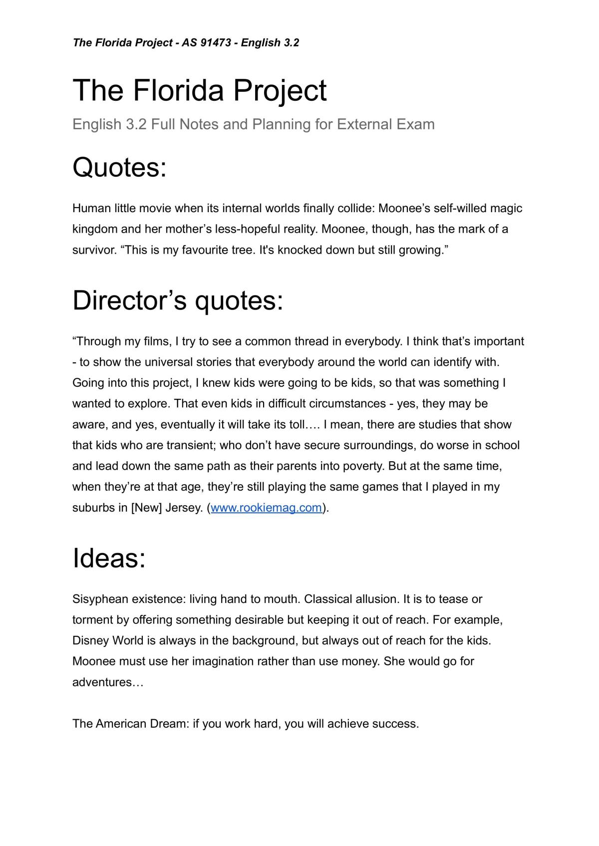 English 3.2: Full notes for the text: The Florida Project - Page 1