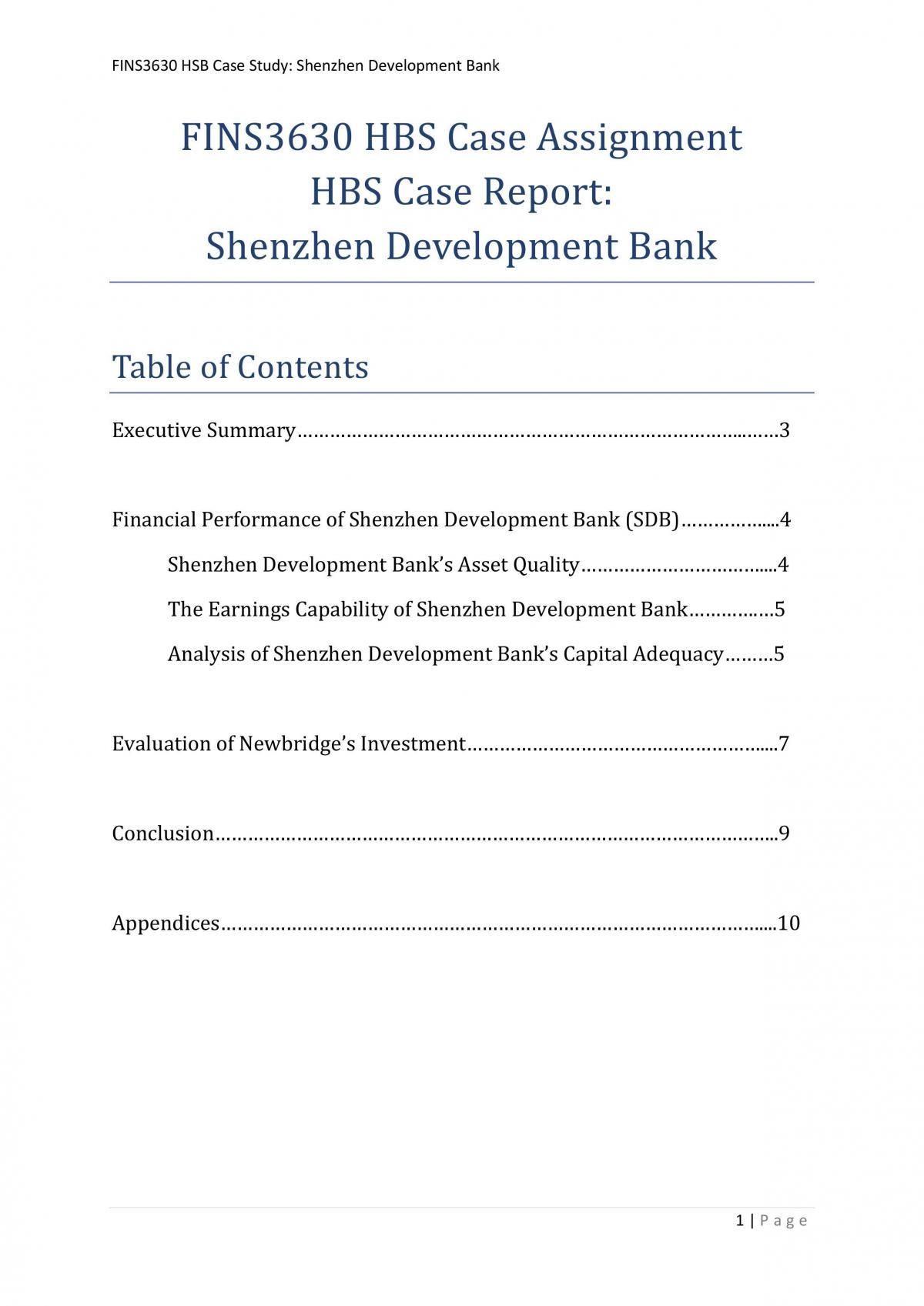 FINS3630 SHENZHEN DEVELOPMENT BANK CASE STUDY - Page 1