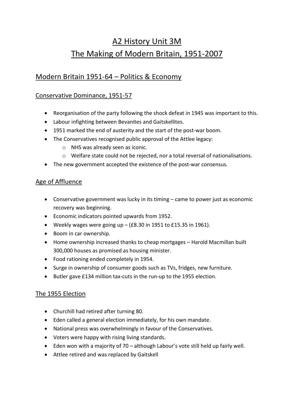 The Making of Modern Britian, 1951 - 2007 Complete Notes - Page 1