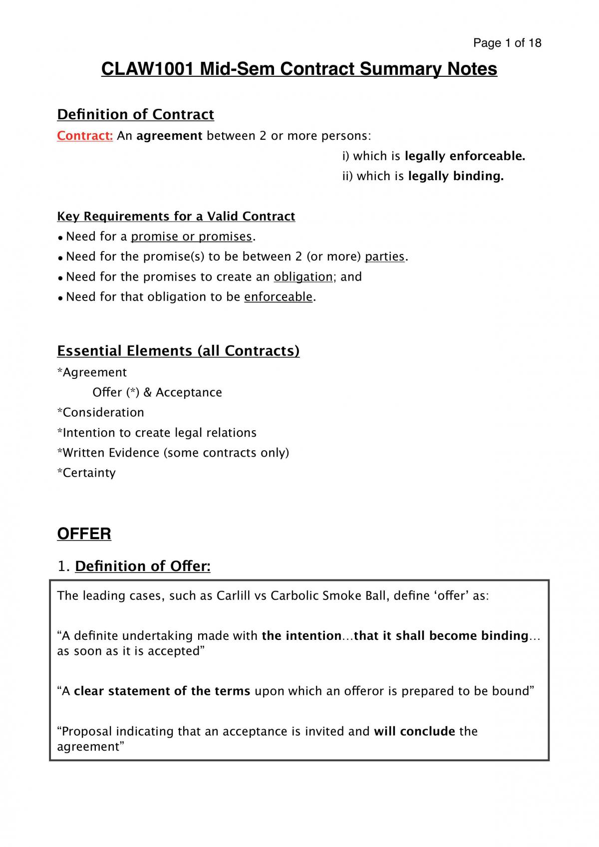 Summary Notes for Contract Law - Page 1
