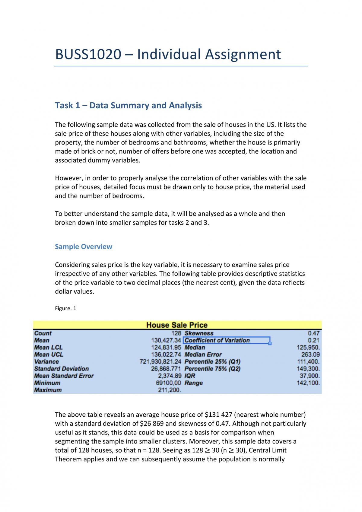BUSS1020 Statistics Assignment - Page 1