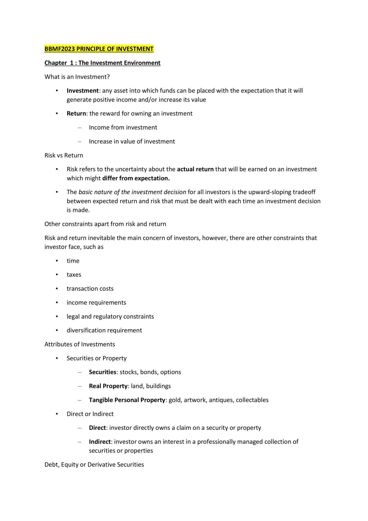 Study Note of Principles of Investment  - Page 1