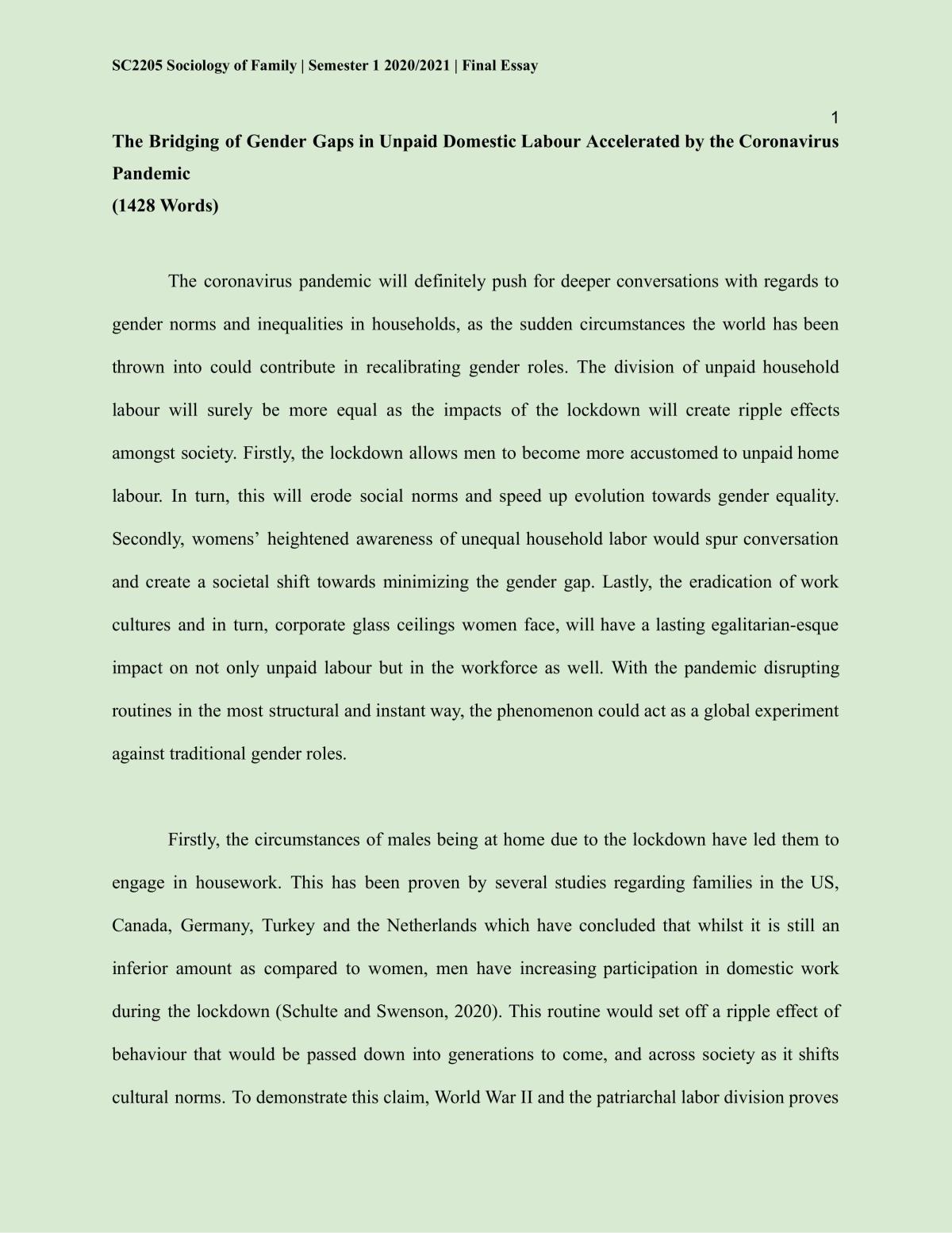 The Bridging of Gender Gaps in Unpaid Domestic Labour Accelerated by the Coronavirus Pandemic - Page 1