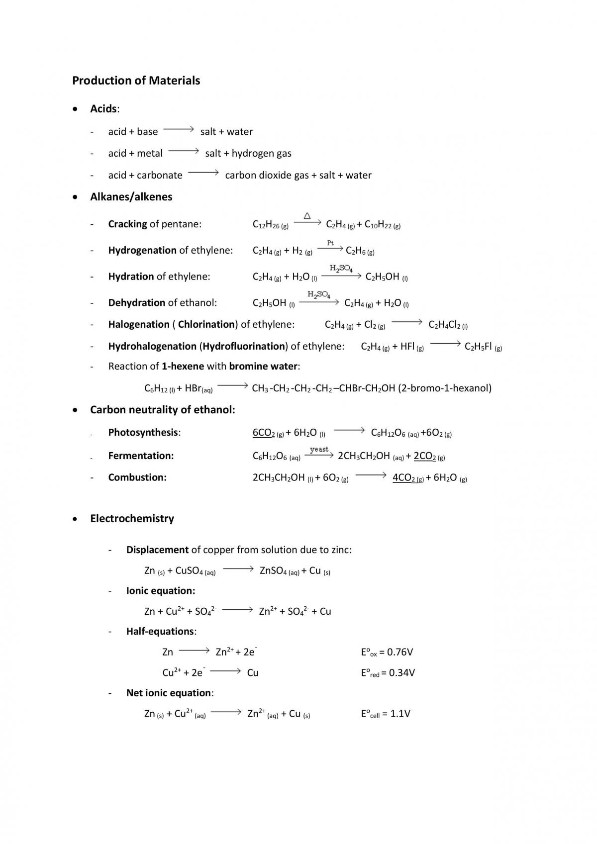 Production of Materials complete notes including experiments and equation summary pages. - Page 1
