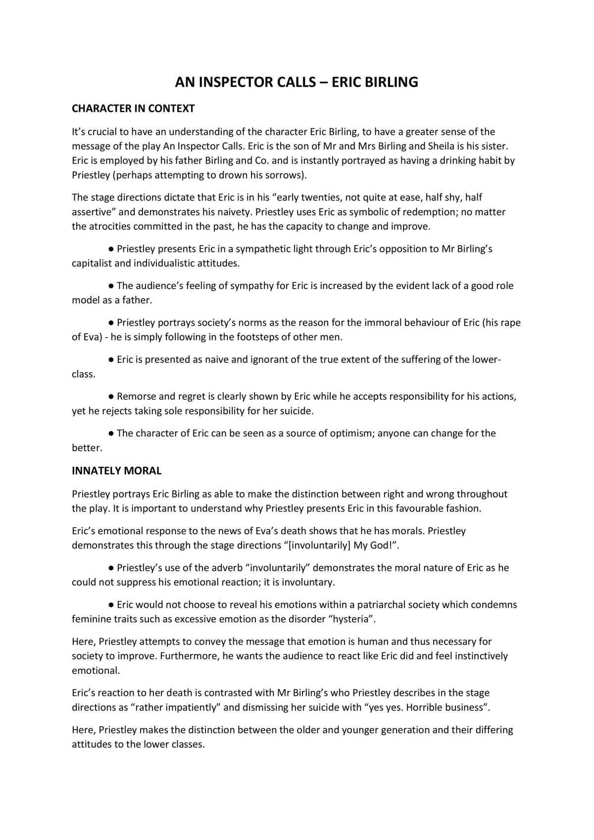 Eric Birling Complete Character Notes - Page 1