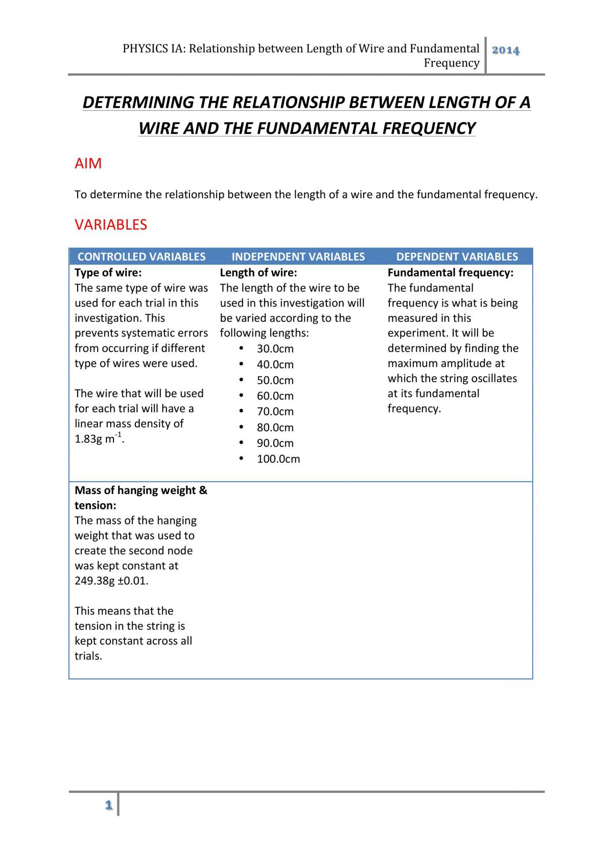 DETERMINING THE RELATIONSHIP BETWEEN LENGTH OF A WIRE AND THE FUNDAMENTAL FREQUENCY - Page 1