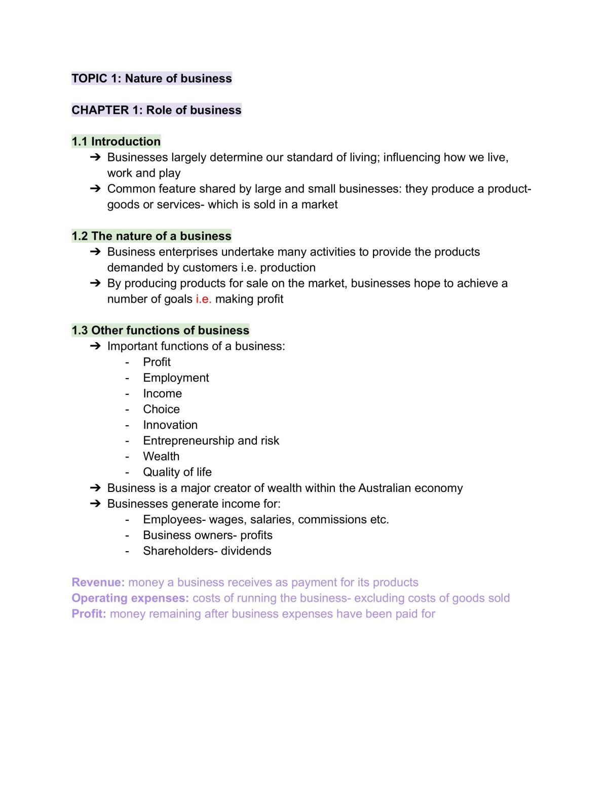Partial study notes - Business studies (yr 12) - Page 1