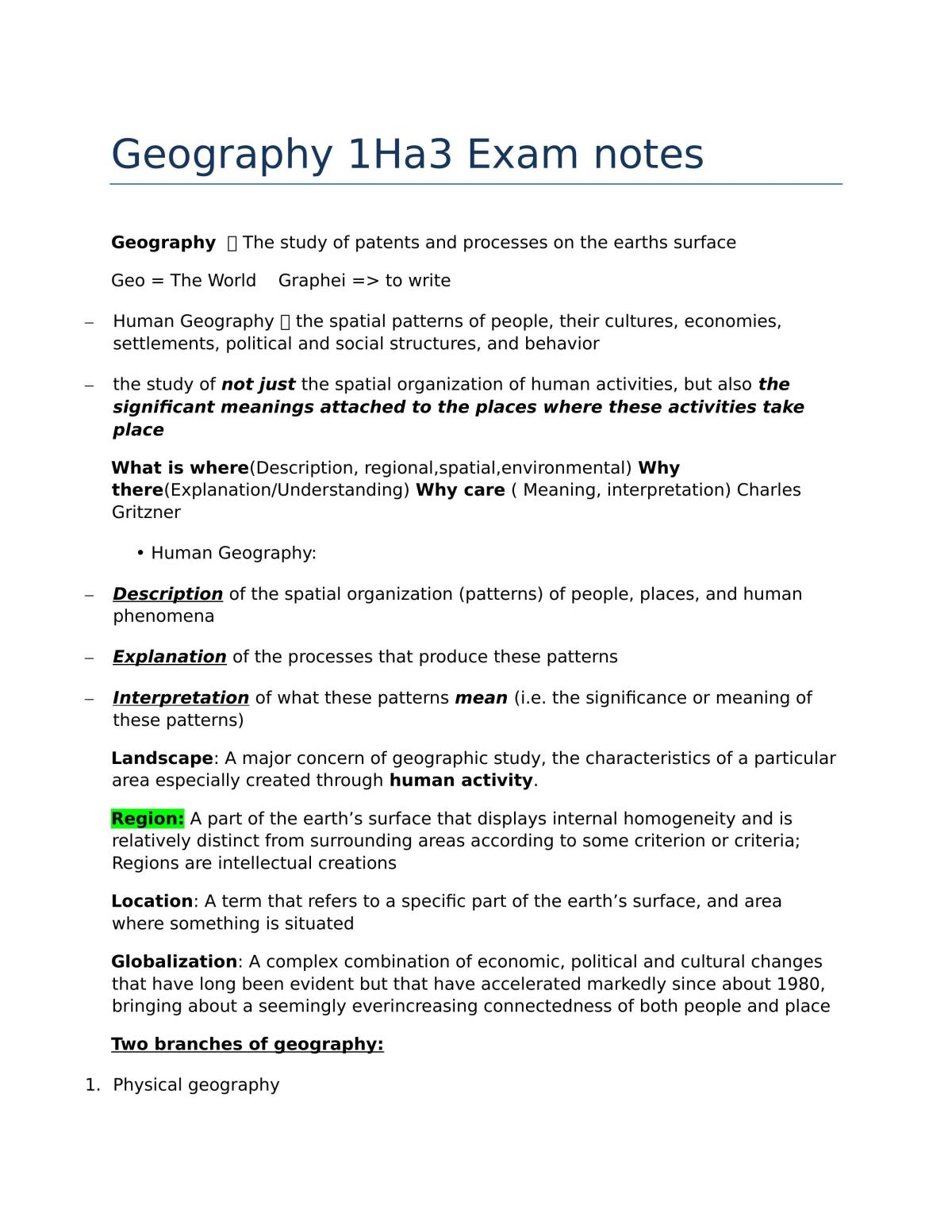Complete Study Notes - GEOG 1HA3 - Page 1
