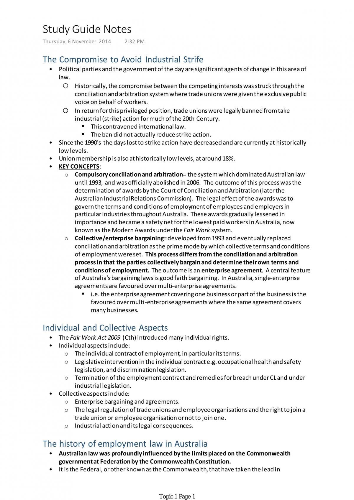 Workplace Law Study Notes - Page 1