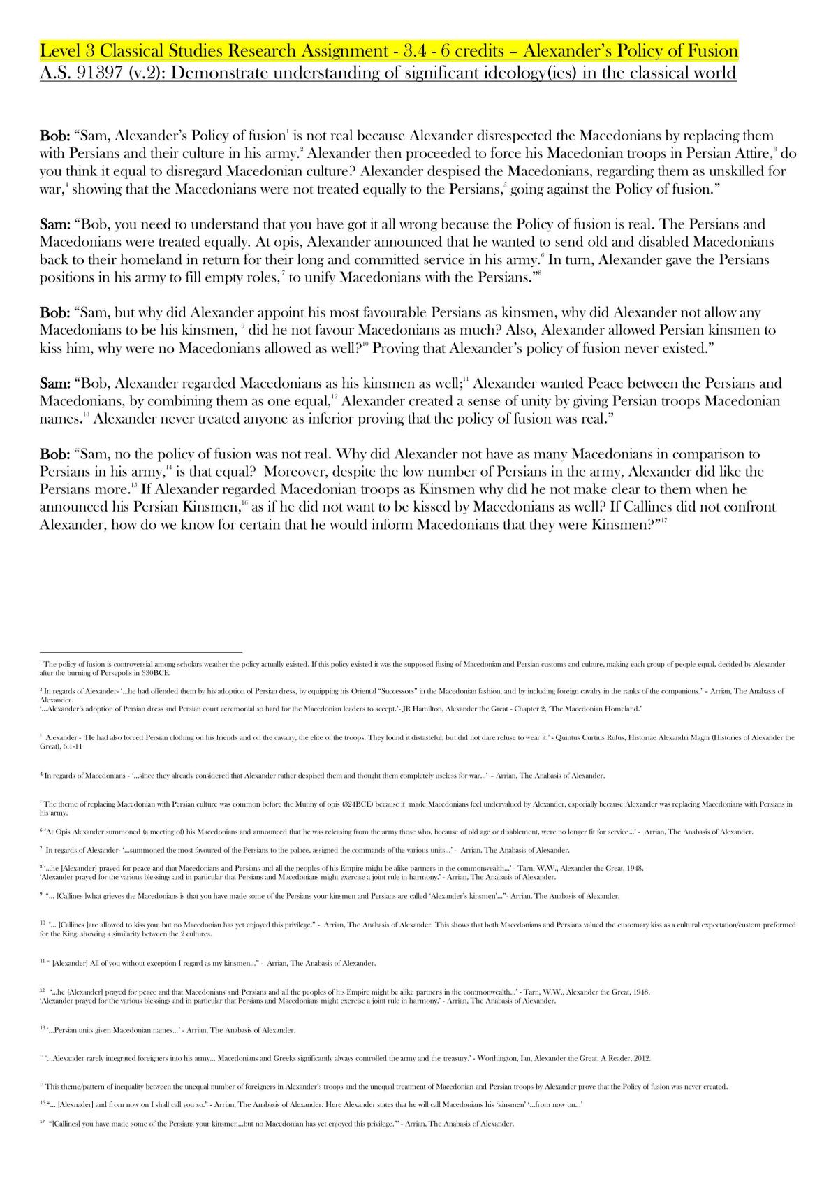 Excellence 3. 4 Classical Studies Research Assignment  -  Alexander’s Policy of Fusion - A. S. 91397 - Page 1