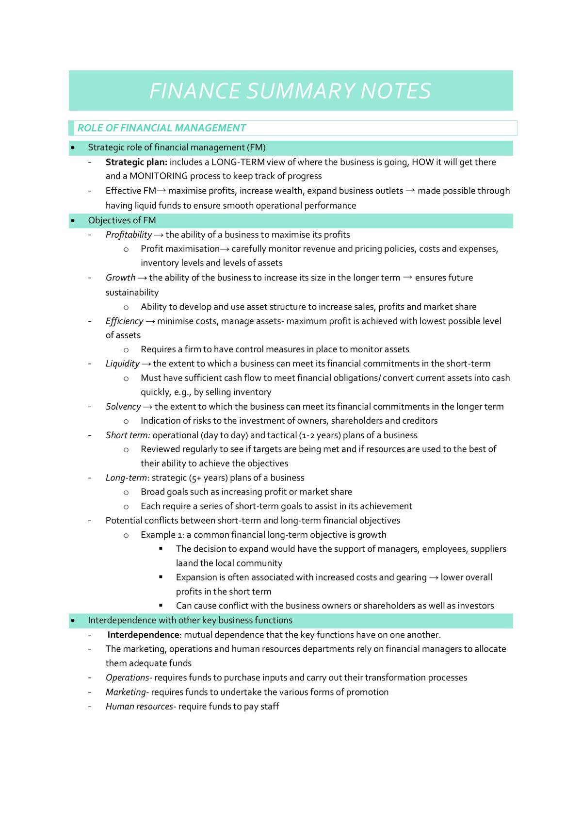 Finance Summary Notes - Page 1