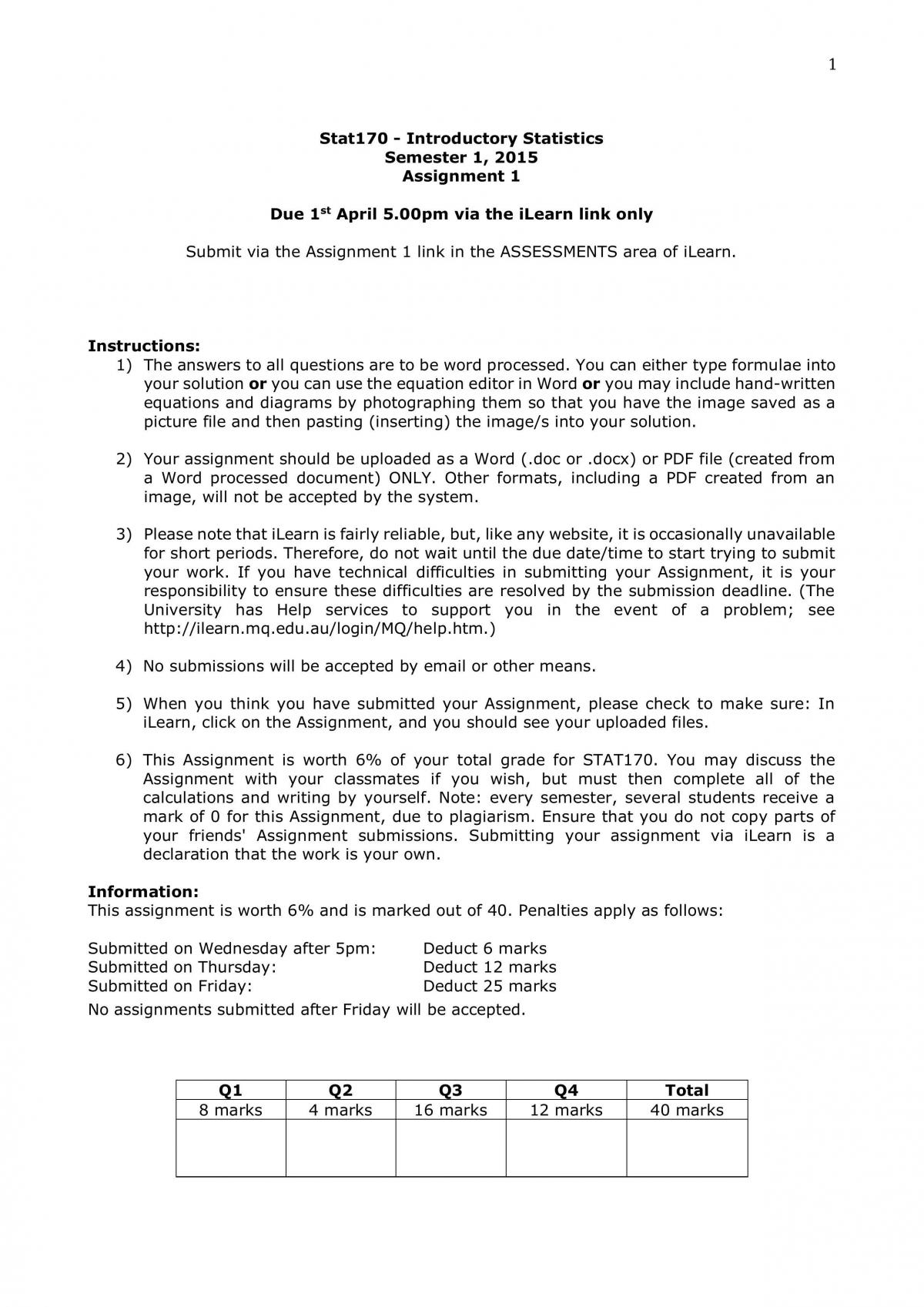 STAT170 assignment 1 2015 - Page 1