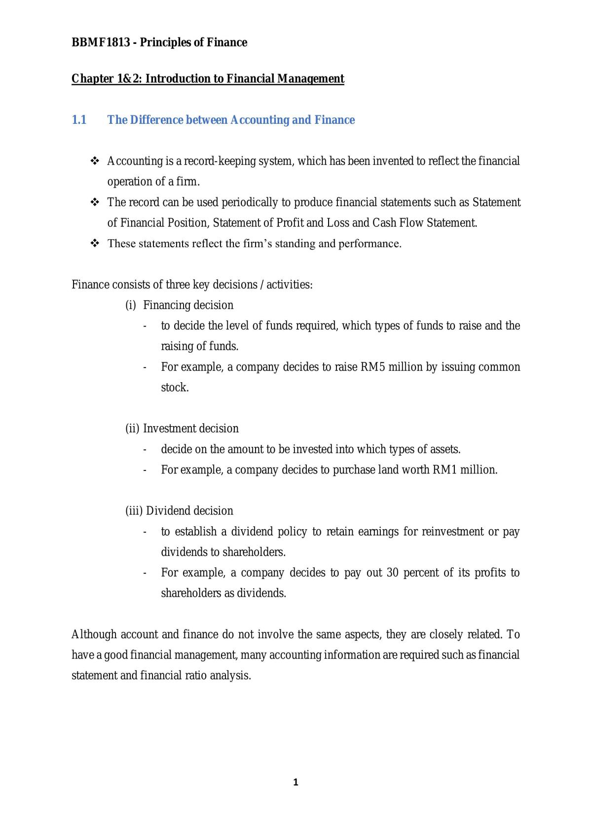 BBMF1813 - Principles of Finance (Complete Study Notes) - Page 1