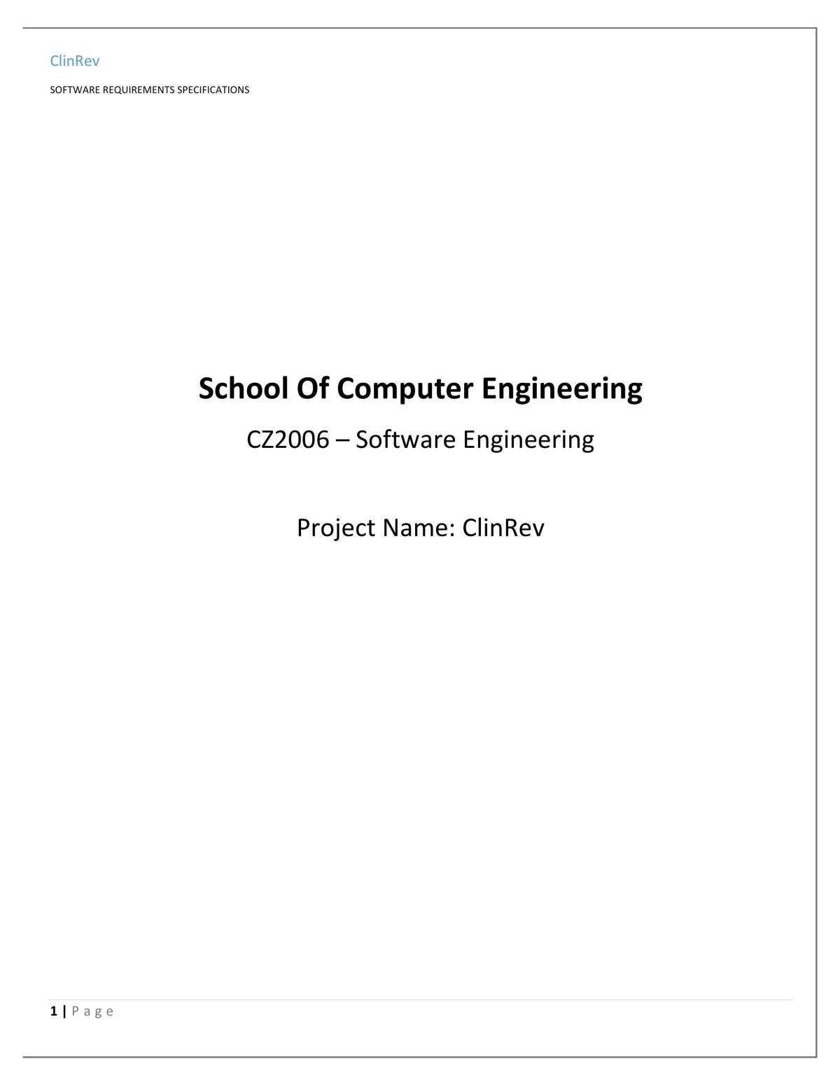 CZ2006 - Software Engineering (SRS) Report on Clinic Reservation System - Page 1