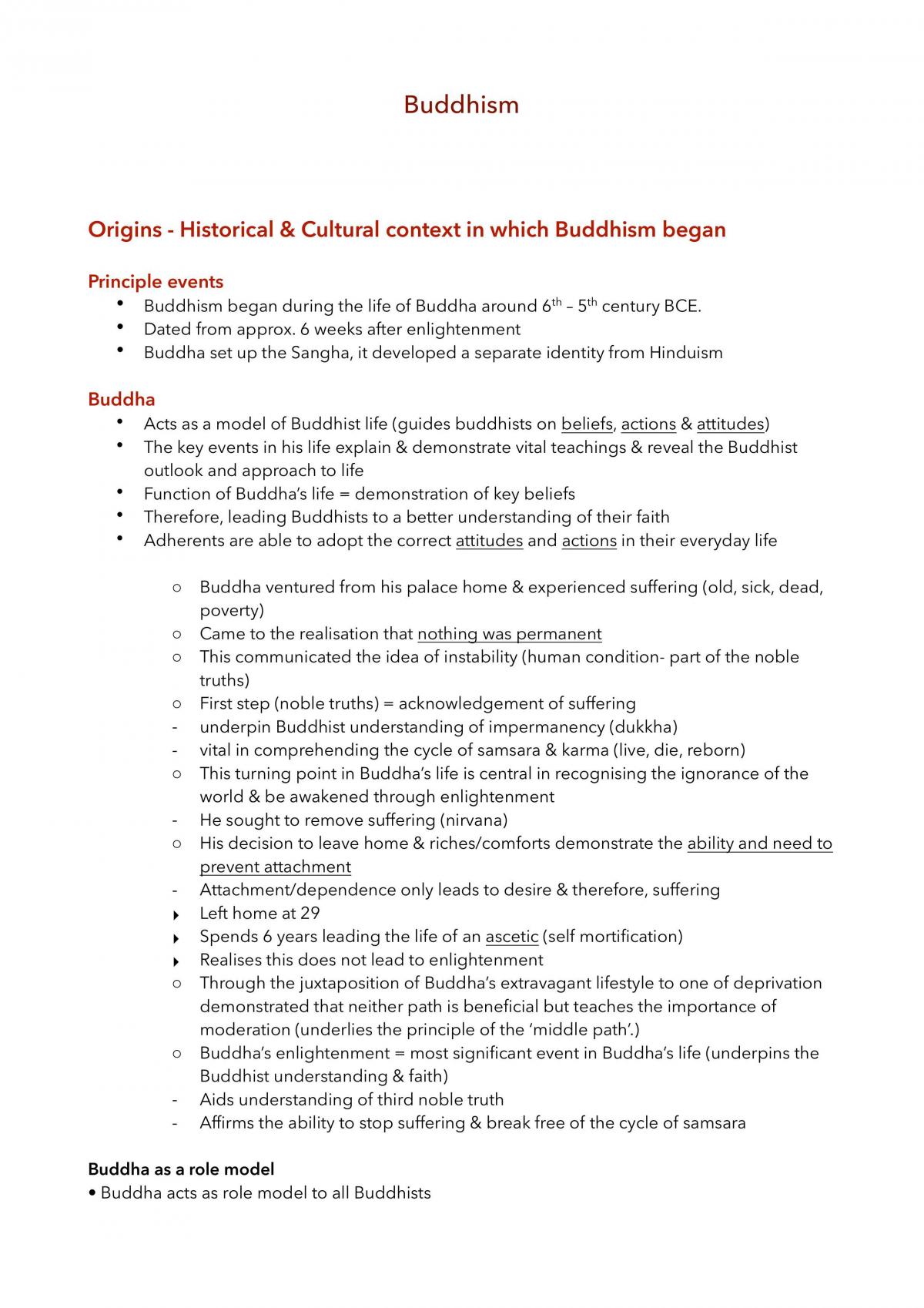 Preliminary 2 Unit Religion - Study Notes on Buddhism  - Page 1