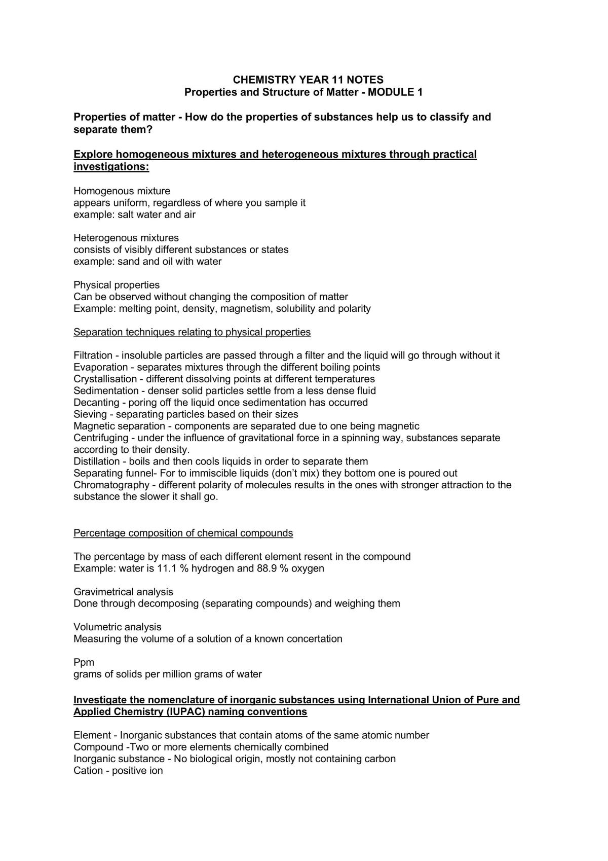 Year 11 Chemistry Study Notes - Page 1