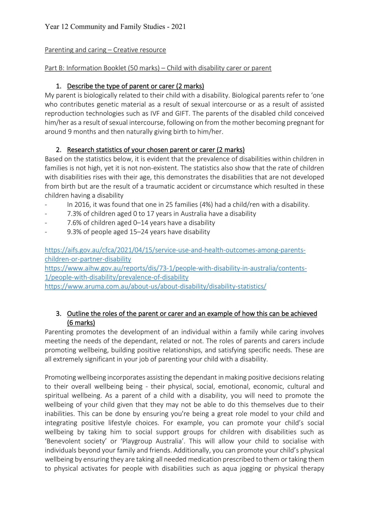 Community and Family Studies Parenting and Caring Assessment - Page 1