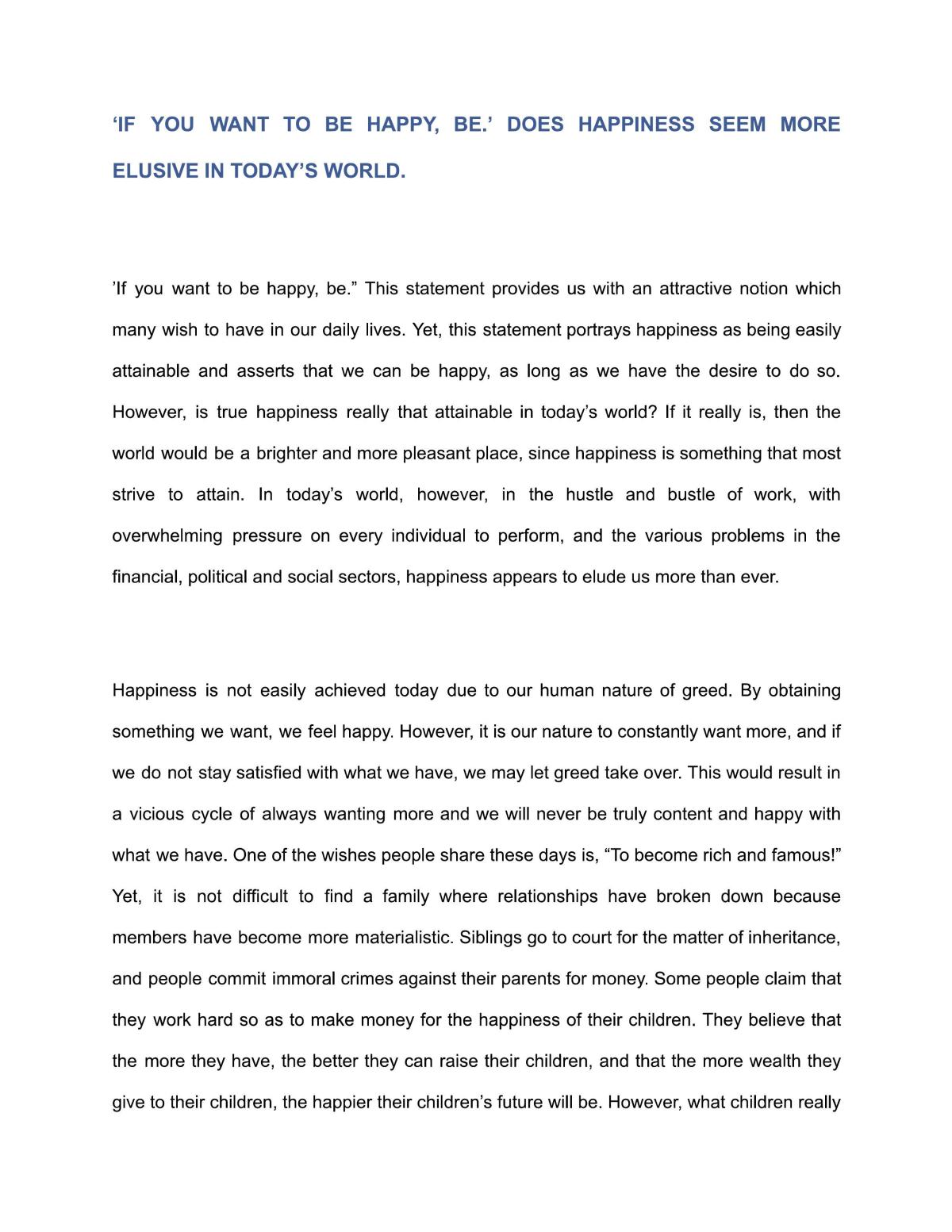 Essay - Happiness in Today's World - Page 1