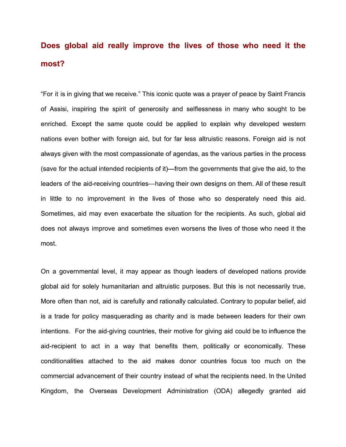 Essay on Global Aid - Page 1