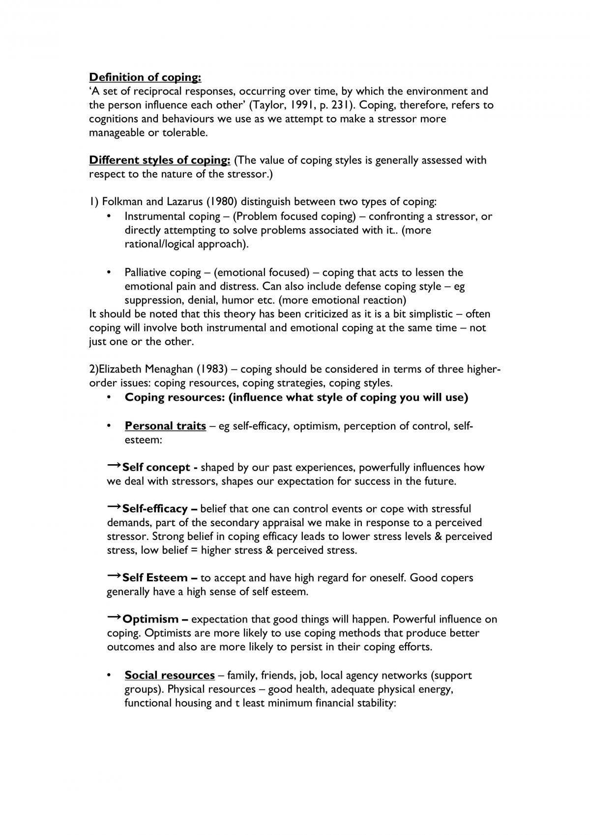 Study Notes About Coping Mechanisms Related To Stress - Page 1