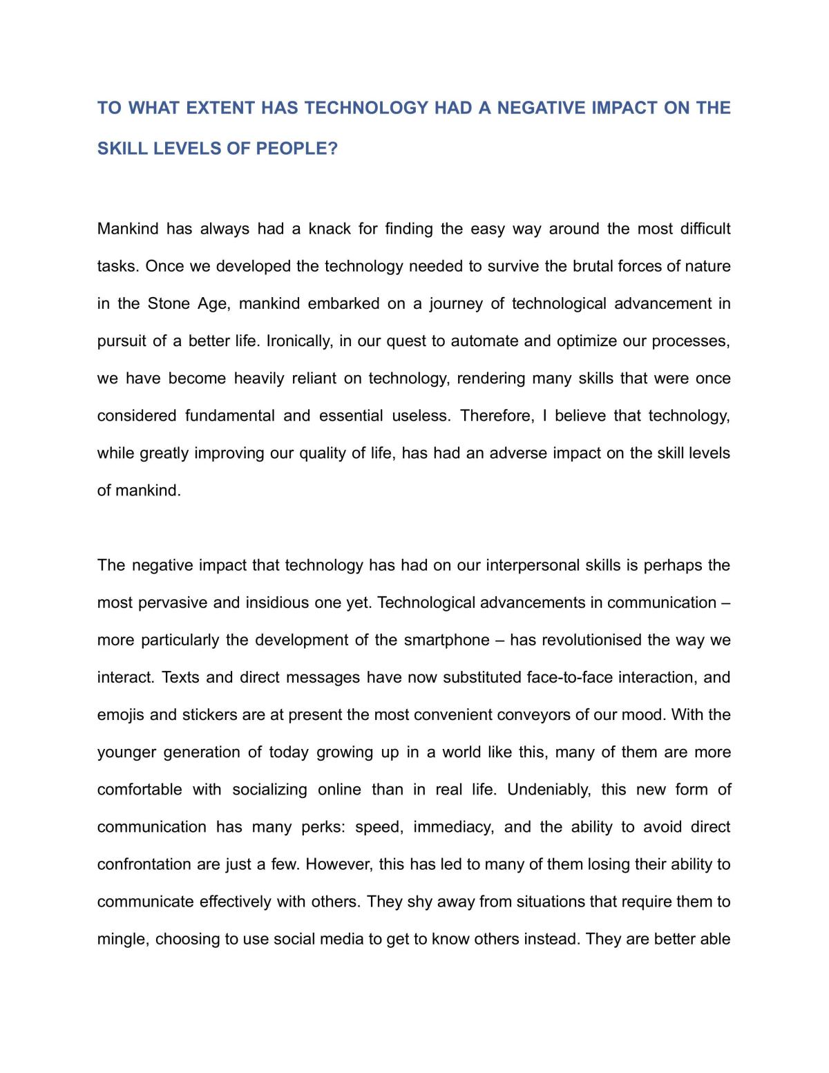 Essay on How Technology Impacts Skill Levels - Page 1