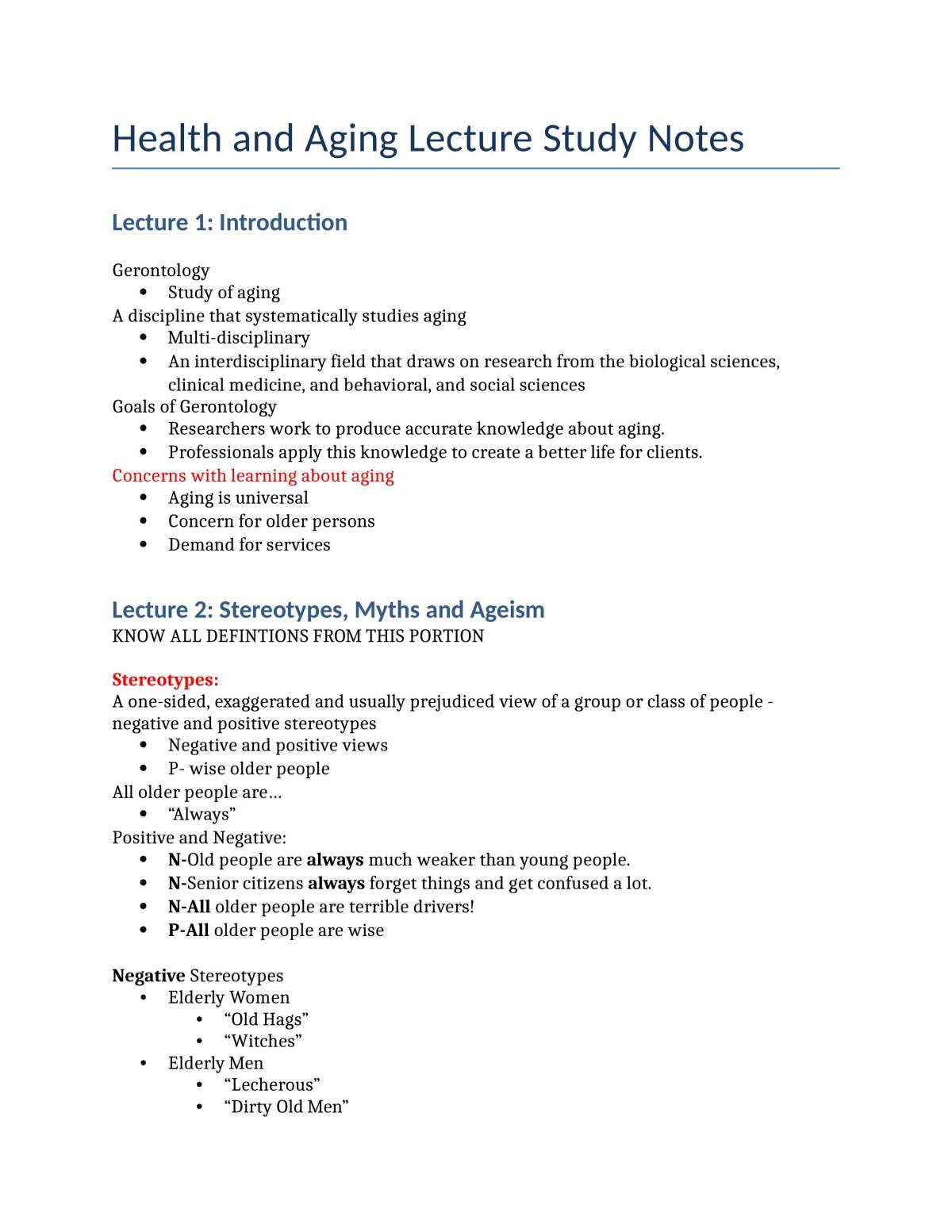 Complete Study Notes - HLTHAGE 1BB3 - Page 1