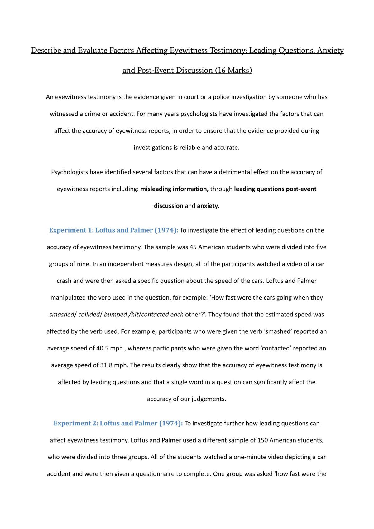 Eyewitness Testimony - A level Psych - Page 1