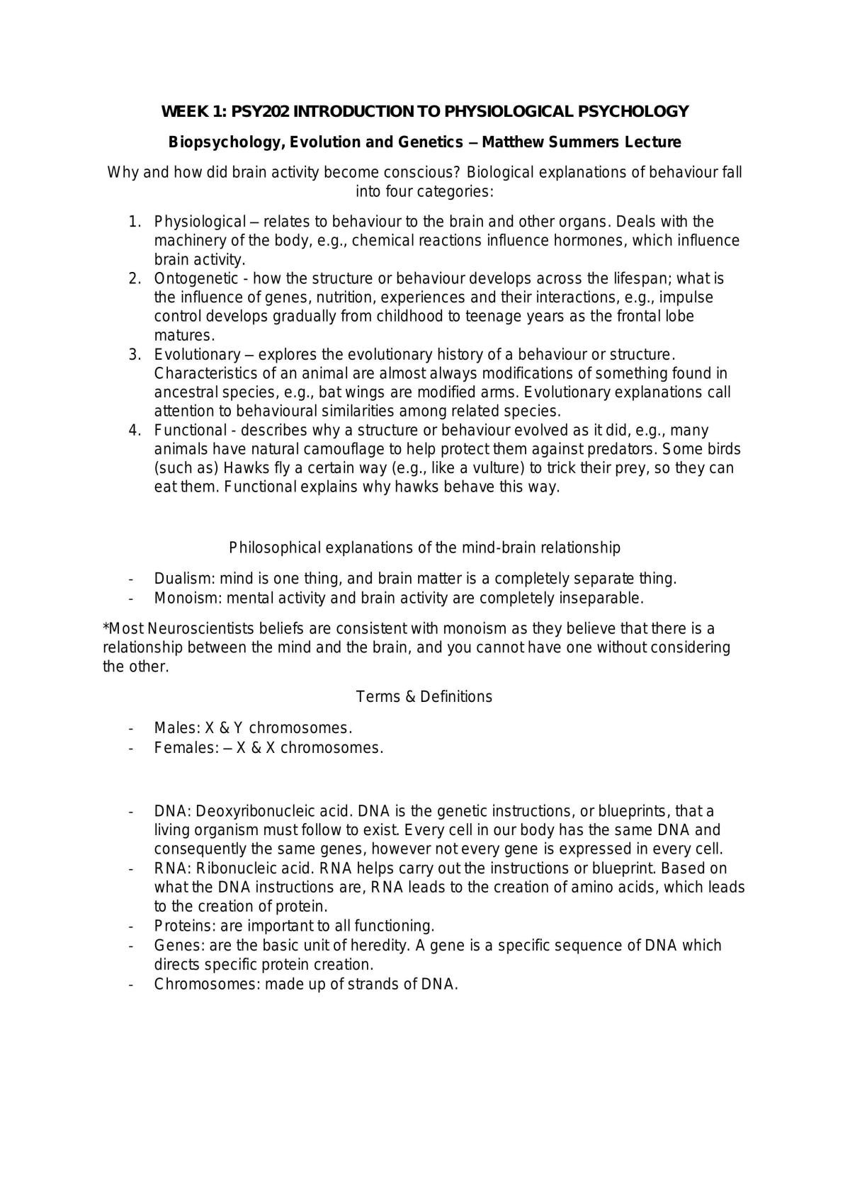 PSY202 Physiological Psychology Complete Course Notes - Page 1