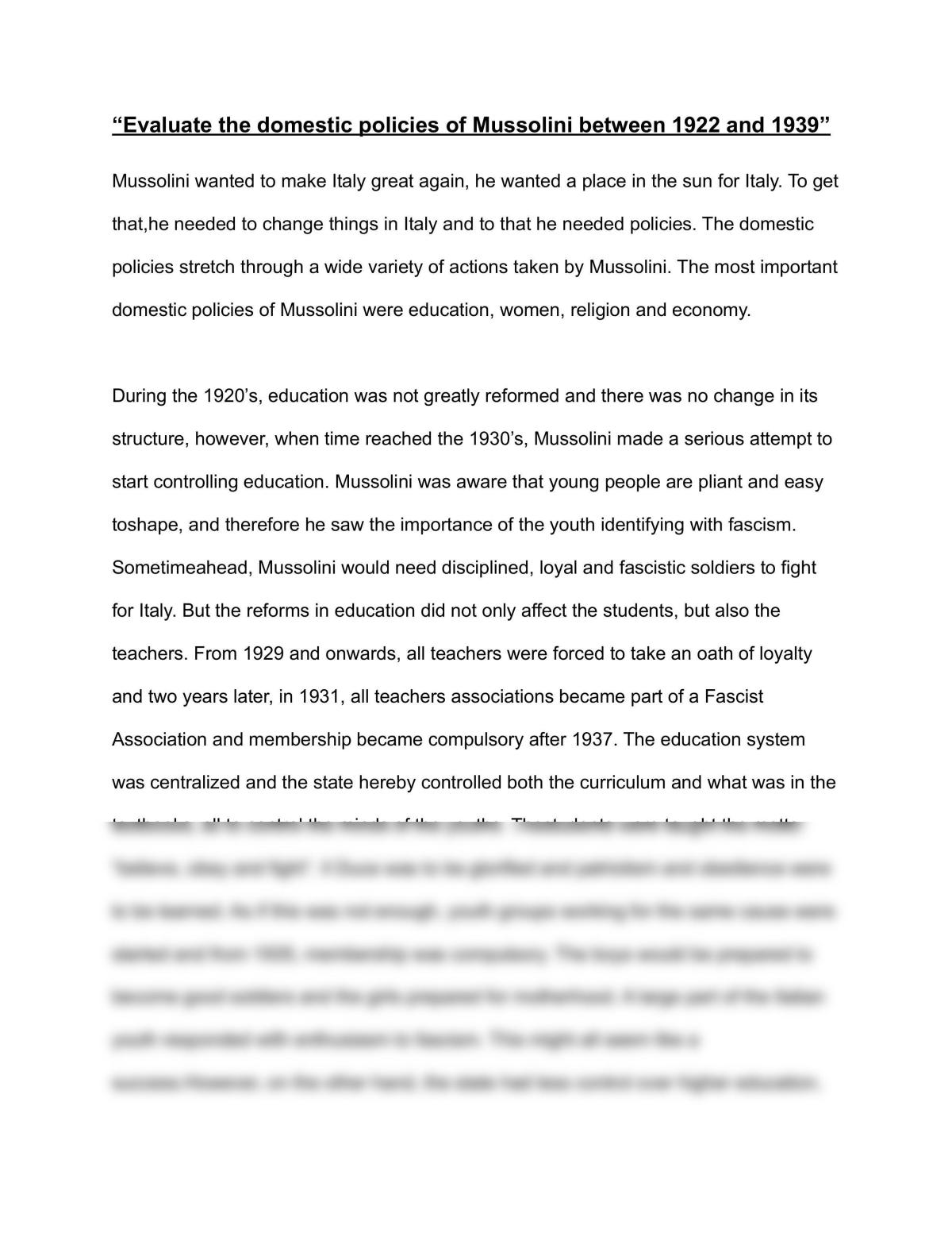 Evaluate the Domestic Policies of Mussolini Between 1922 and 1939 - Page 1